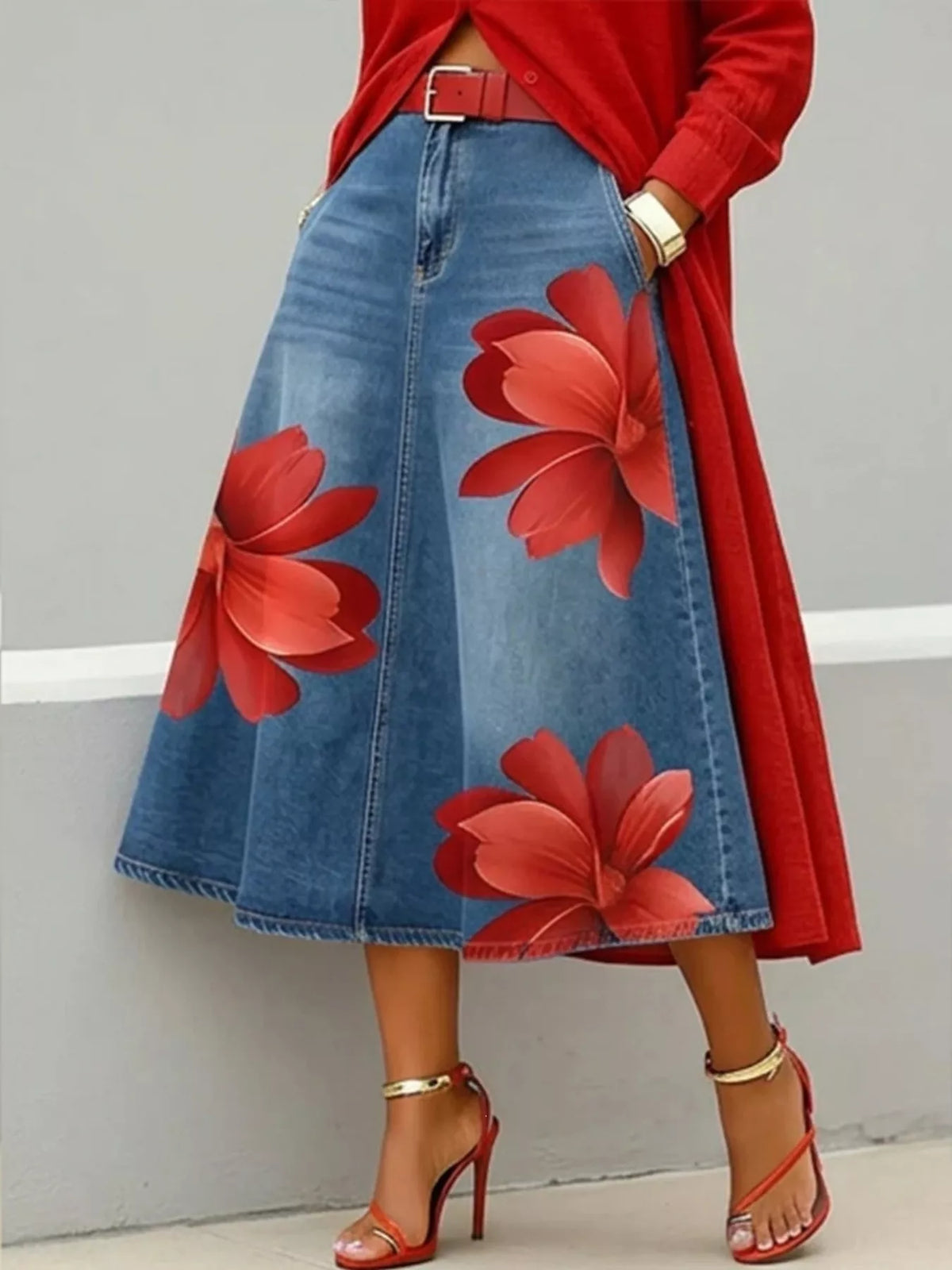 Red floral floral print a-line midi skirt — front view