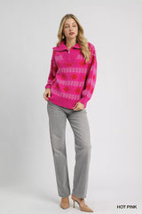 Trendsi Umgee Floral Patterned Jacquard Quarter-Zip Pullover Sweater -