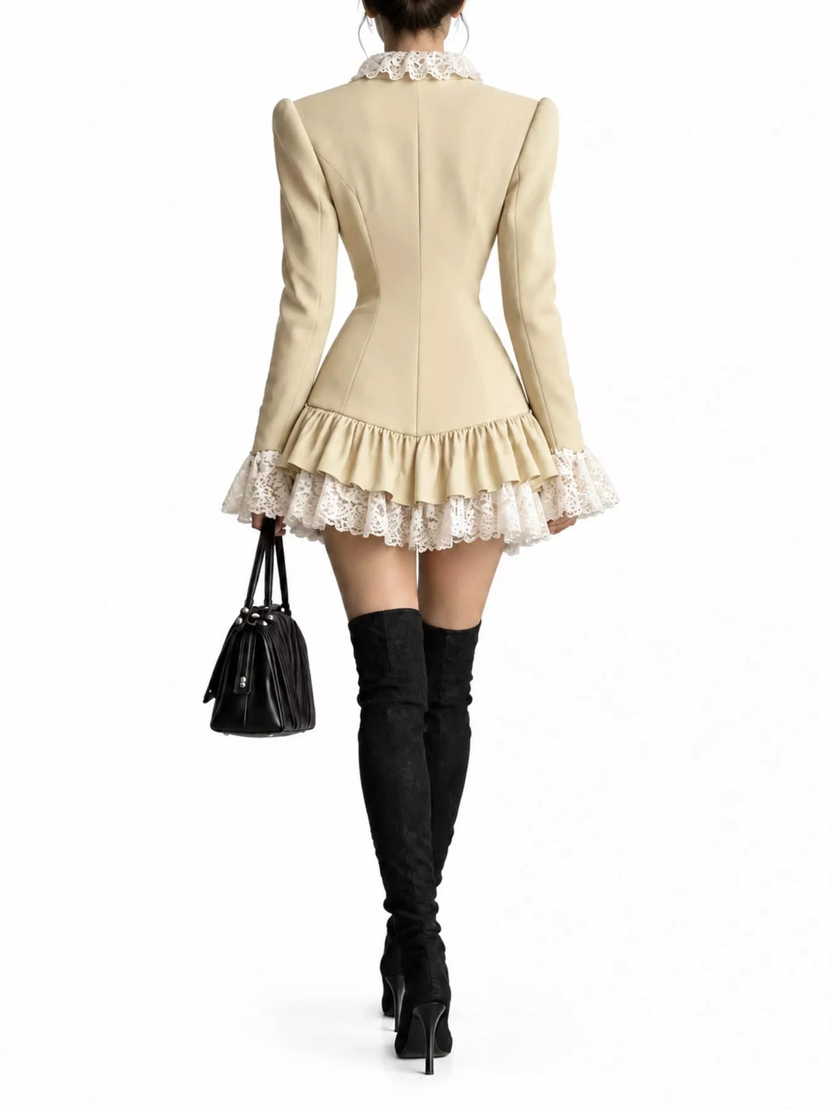 Pale yellow lace trim blazer dress, back view