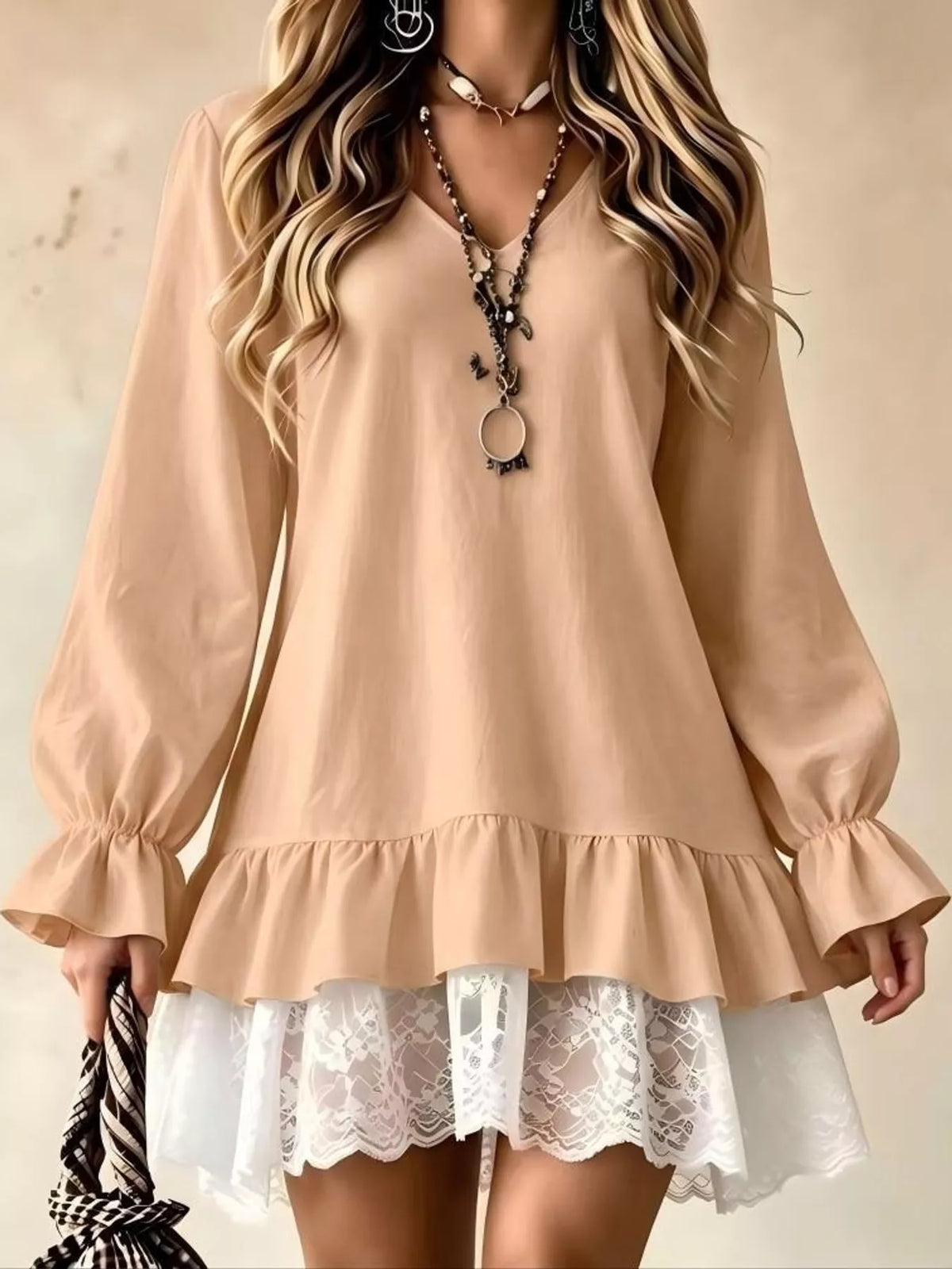 Lace-hem dress, beige front