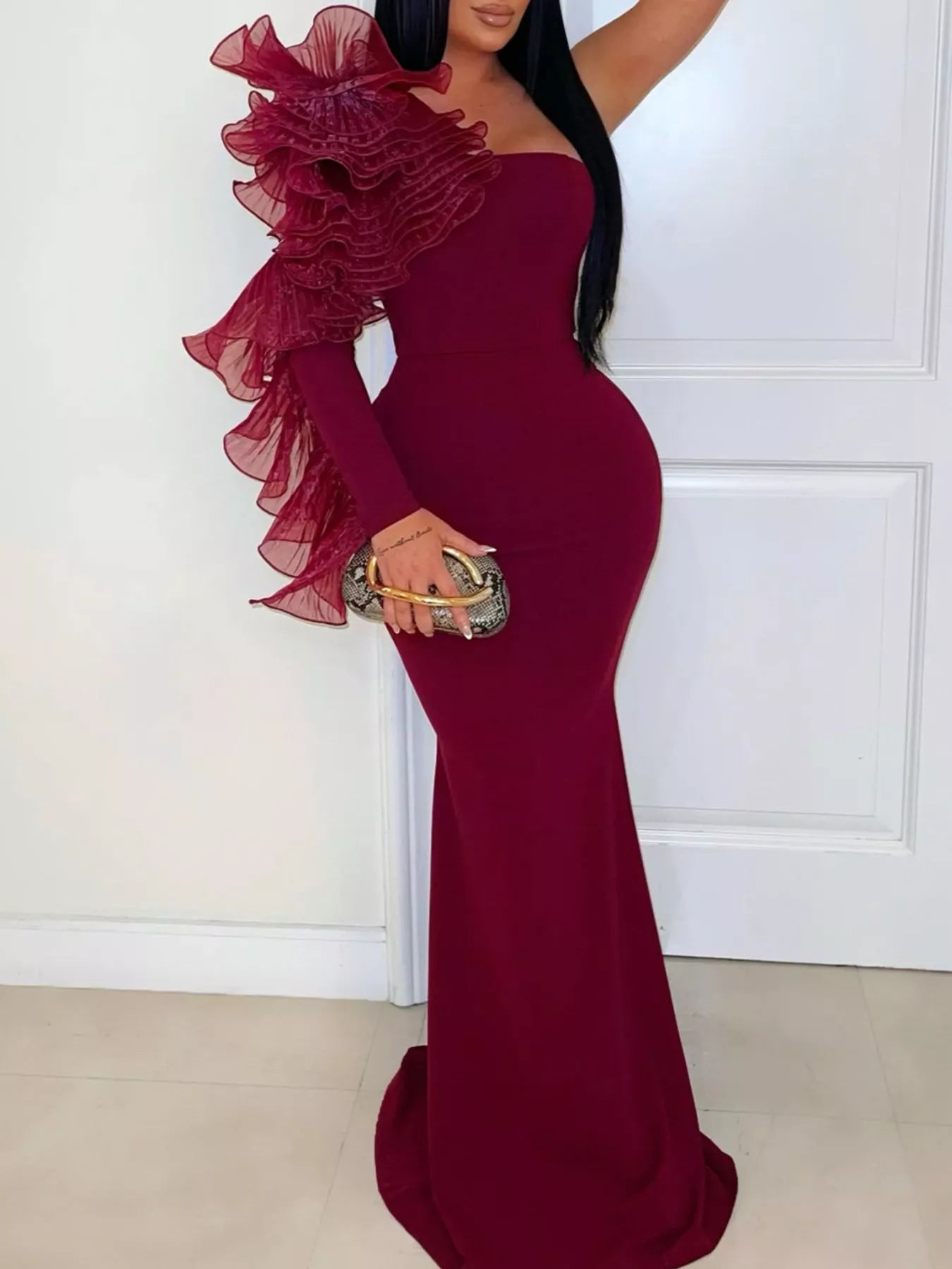 Trendsi One-Shoulder Ruffled Mermaid Evening Maxi Dress -