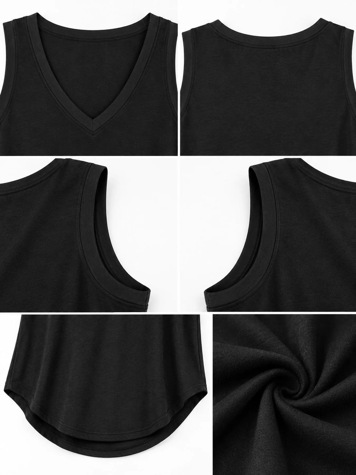 Black v-neck loose fit tank top, front and back neckline, armhole, hem, and fabric close-ups