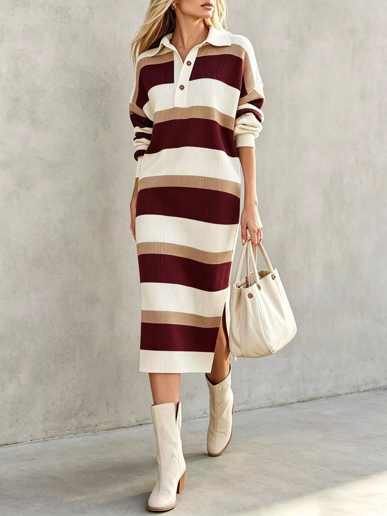 Trendsi Striped Polo Collar Long Sleeve Sweater Dress -