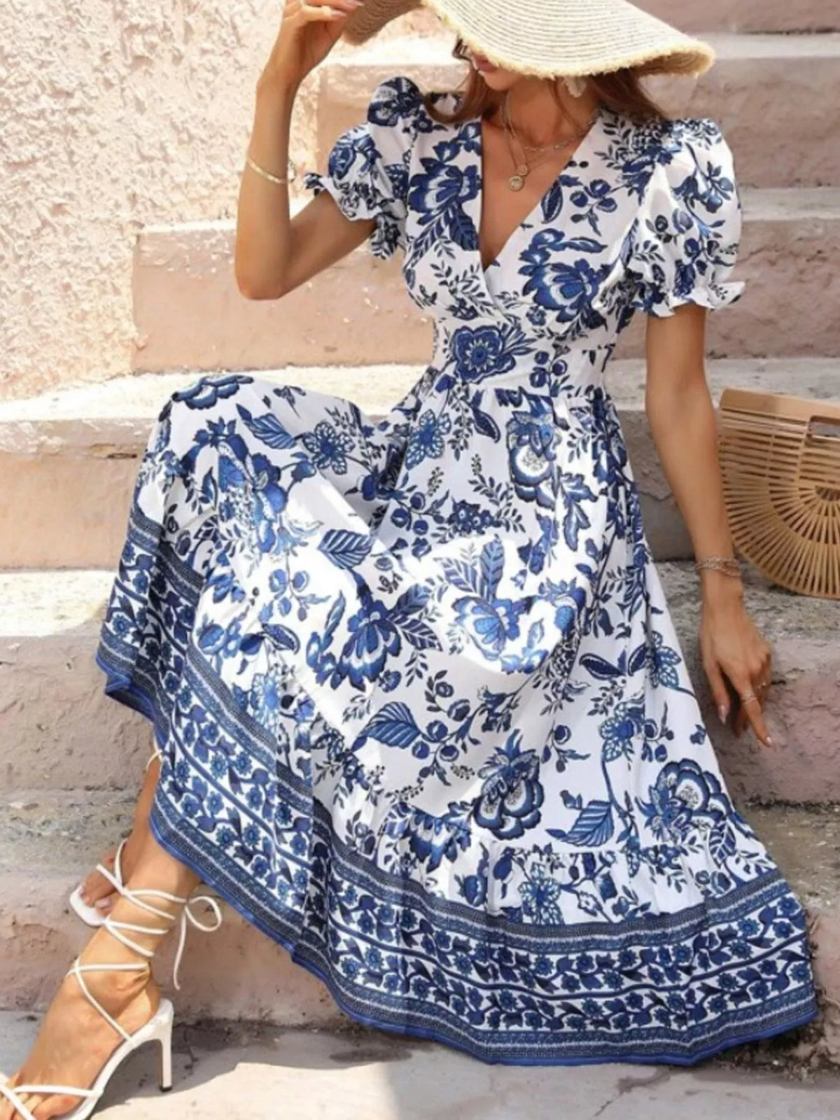 Trendsi Floral Print Puff Sleeve Wrap Midi Dress -