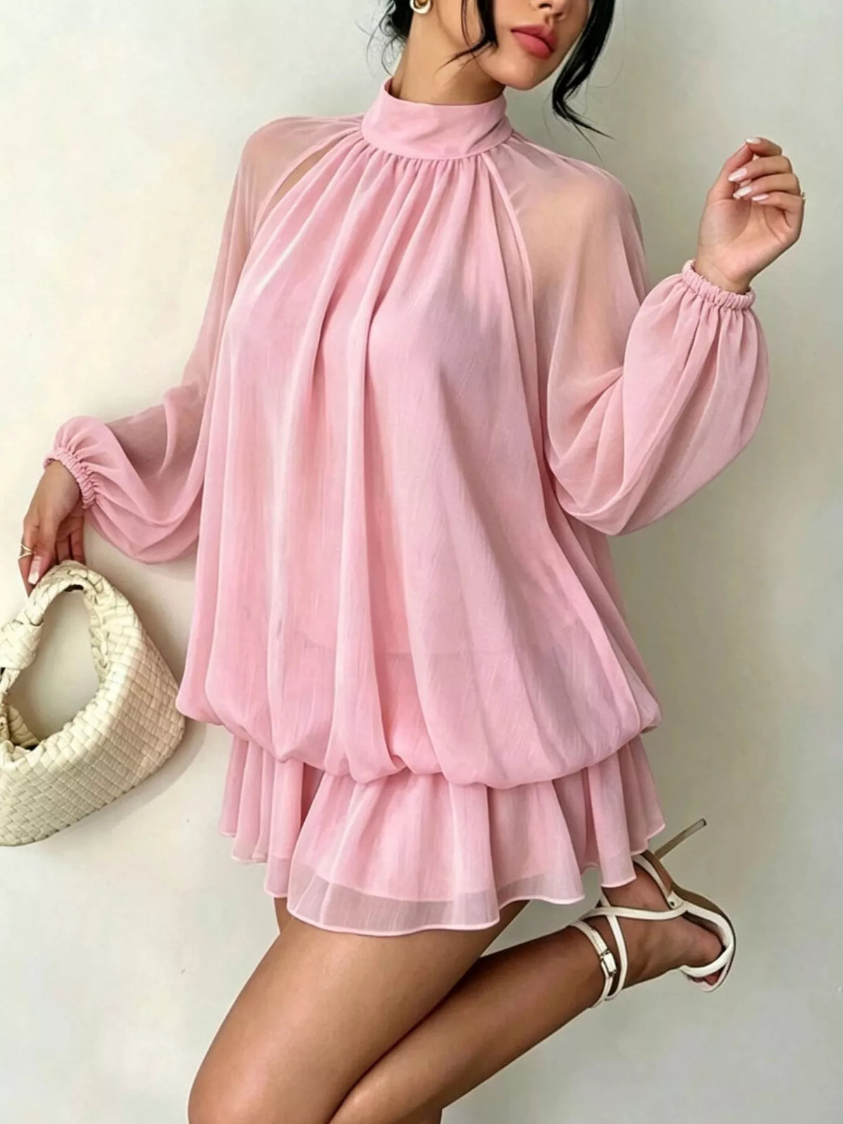 Pink mock neck sheer chiffon mini dress