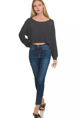 Trendsi Zenana French Terry Boatneck Crop Top -