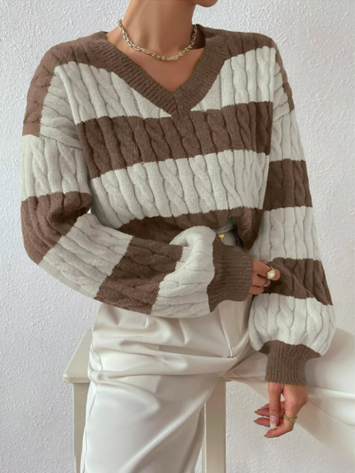 Women's V-Neck Striped Cable Knit Sweater in Khaki, front view