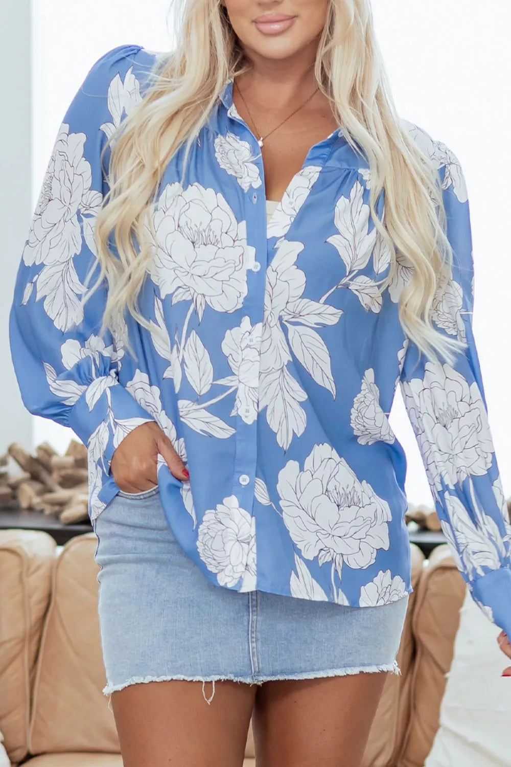 Trendsi Floral Print Button-Up Shirt -
