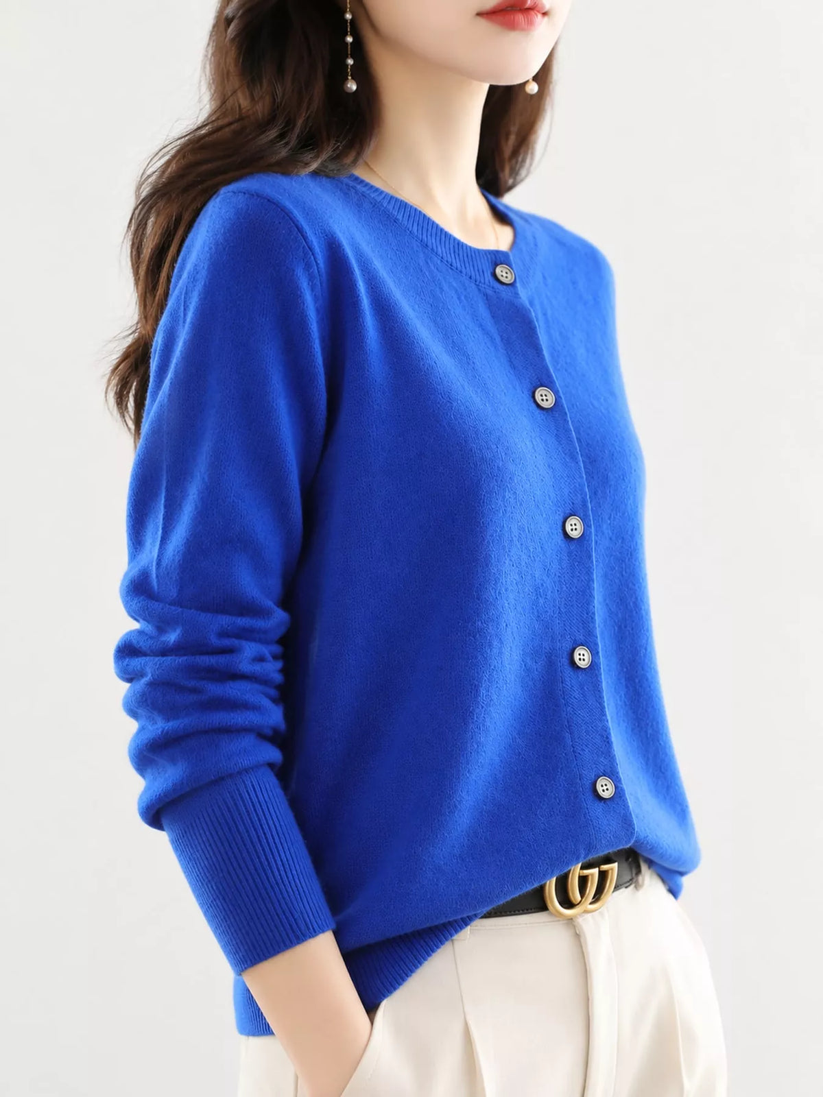Royal blue crew neck button-front cardigan