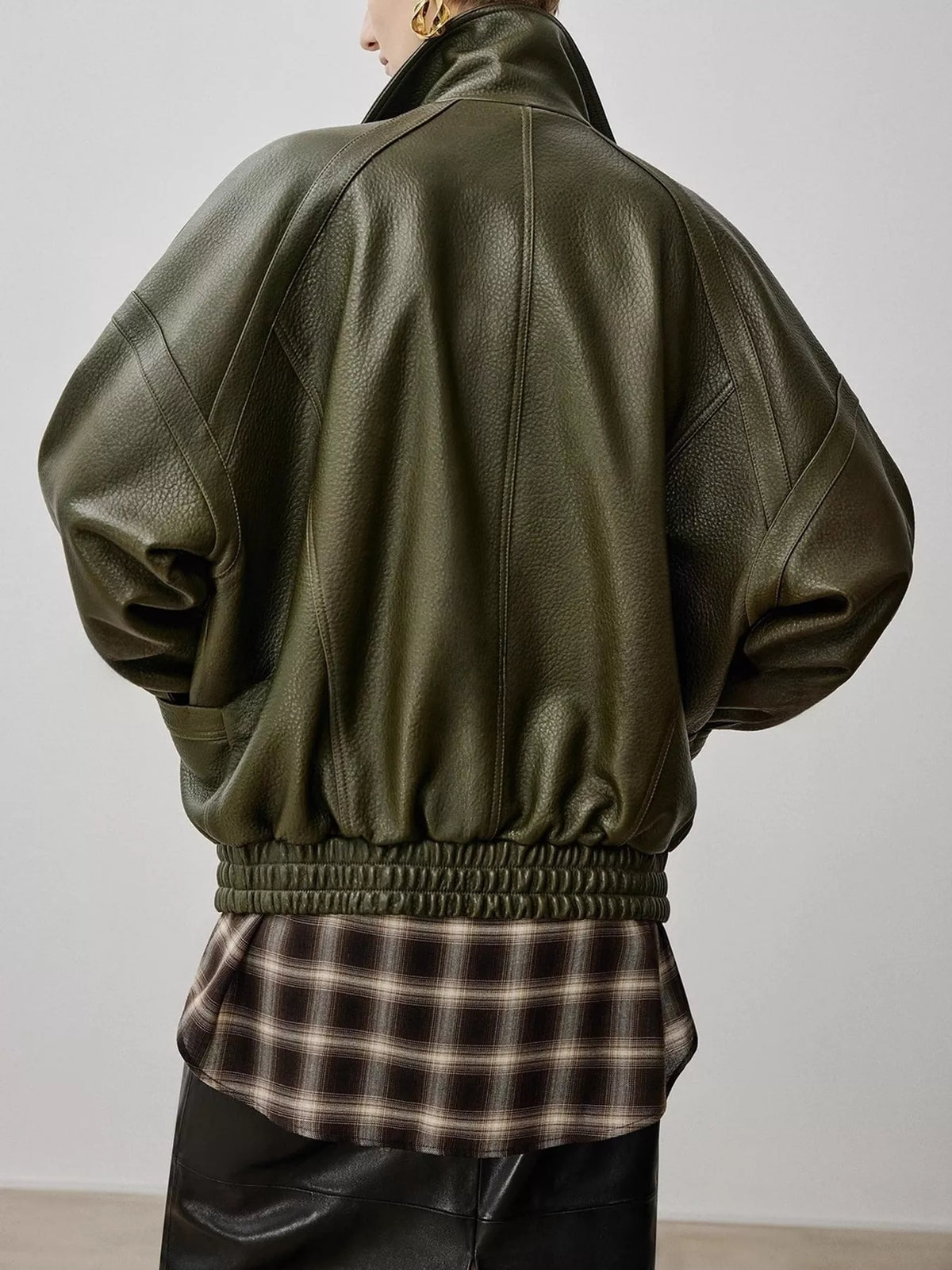 Snap Down Leather Jacket in dark green, back view