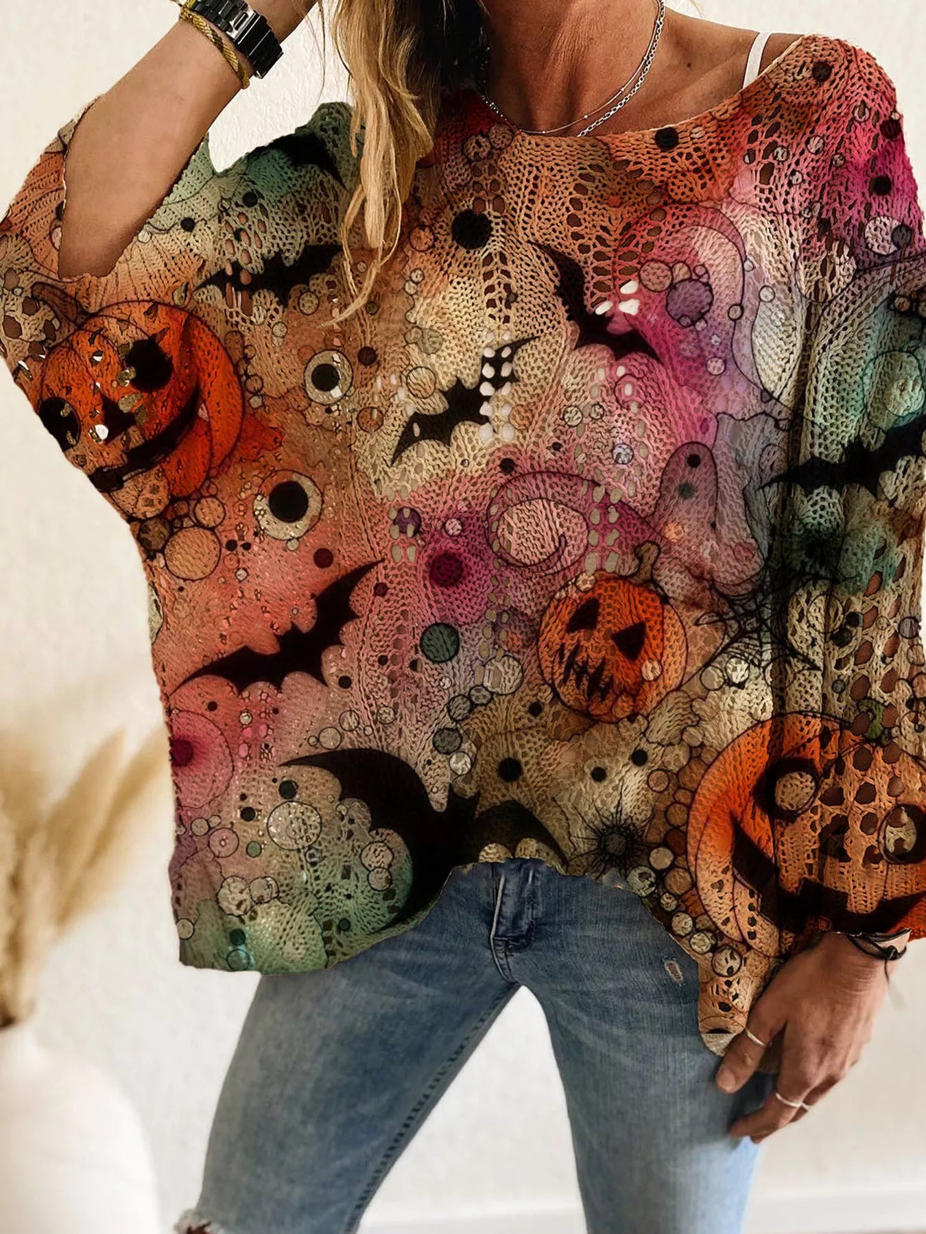 Trendsi Full Size Halloween Pumpkin Loose Knit Cover Up Plus Size -