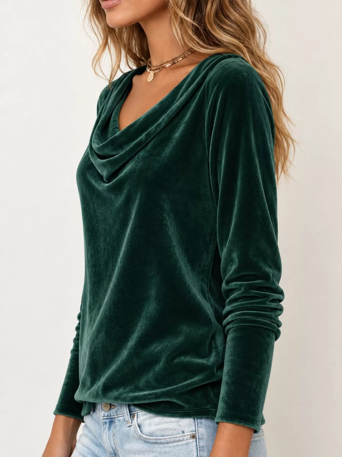 Green velvet cowl neck long sleeve t shirt, side view