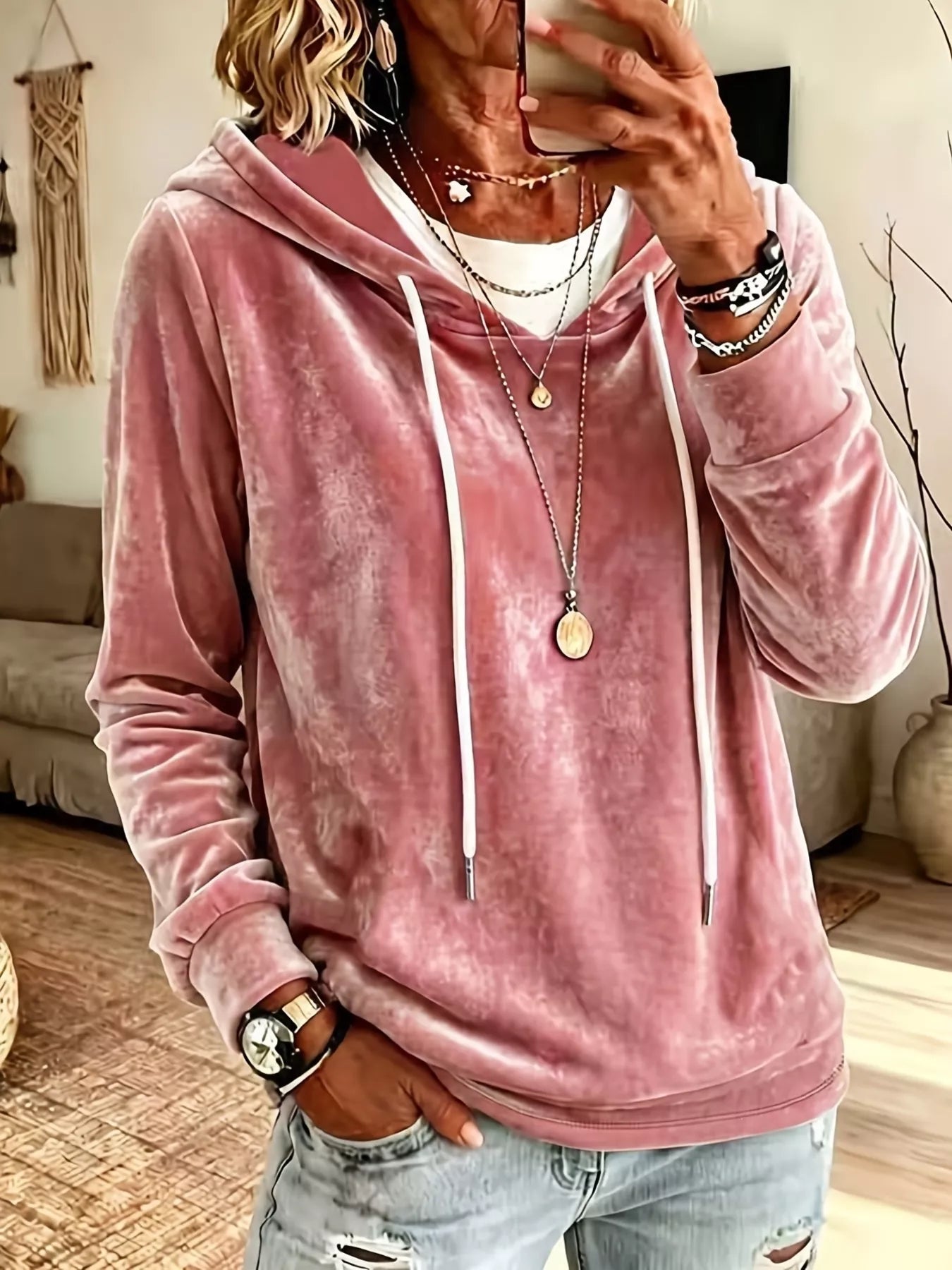 Trendsi Full Size Drawstring Velvet Long Sleeve Hoodie Plus Size -