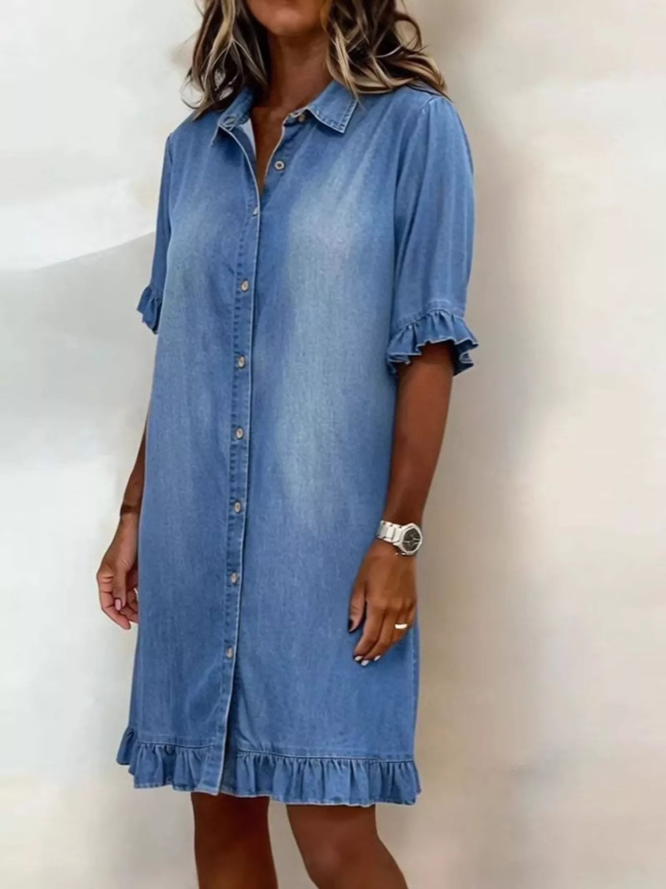 Trendsi Full Size Ruffled Hem Denim Shirt Dress Plus Size -