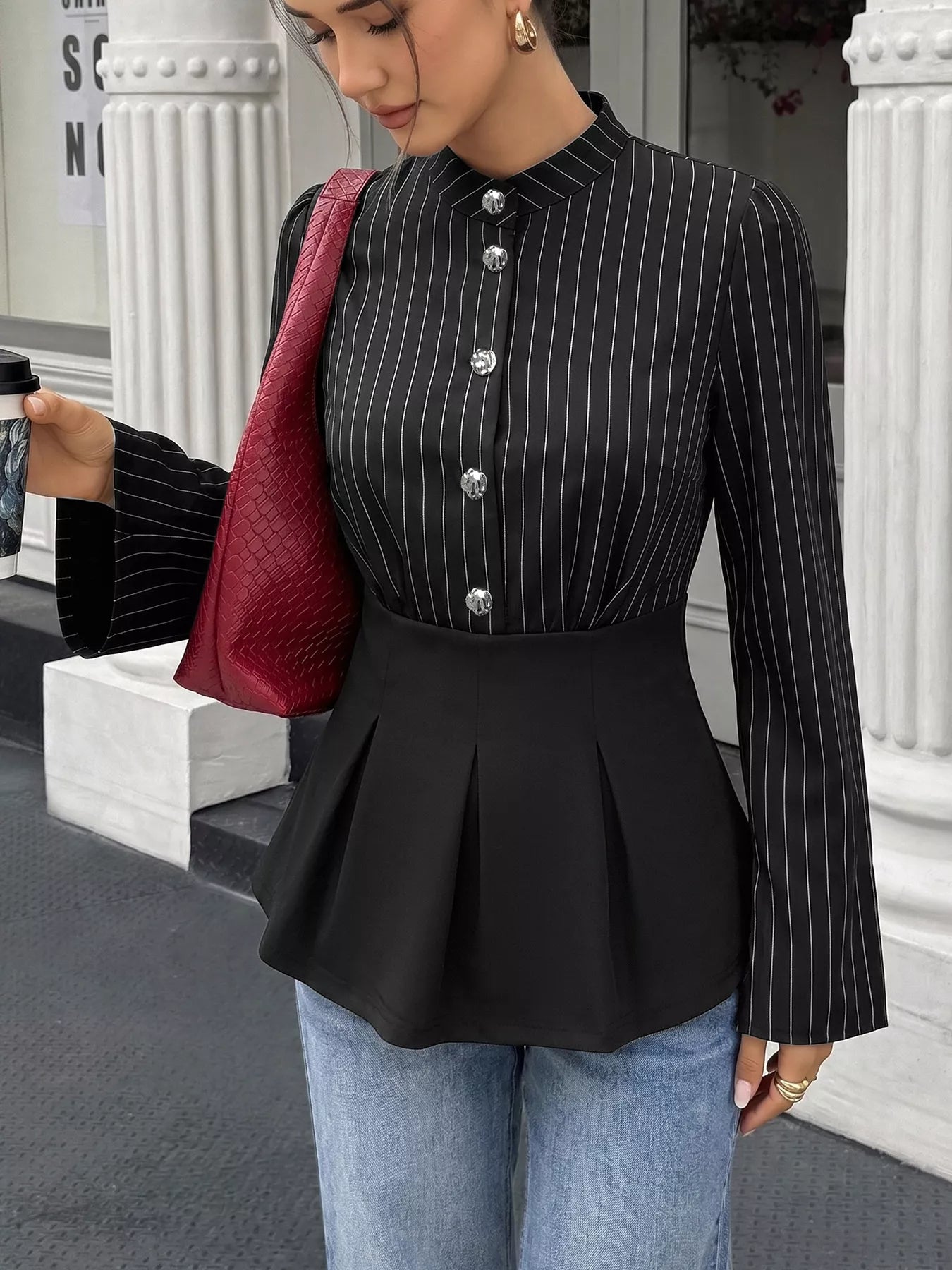 Trendsi Striped Long Sleeve Peplum Blouse -
