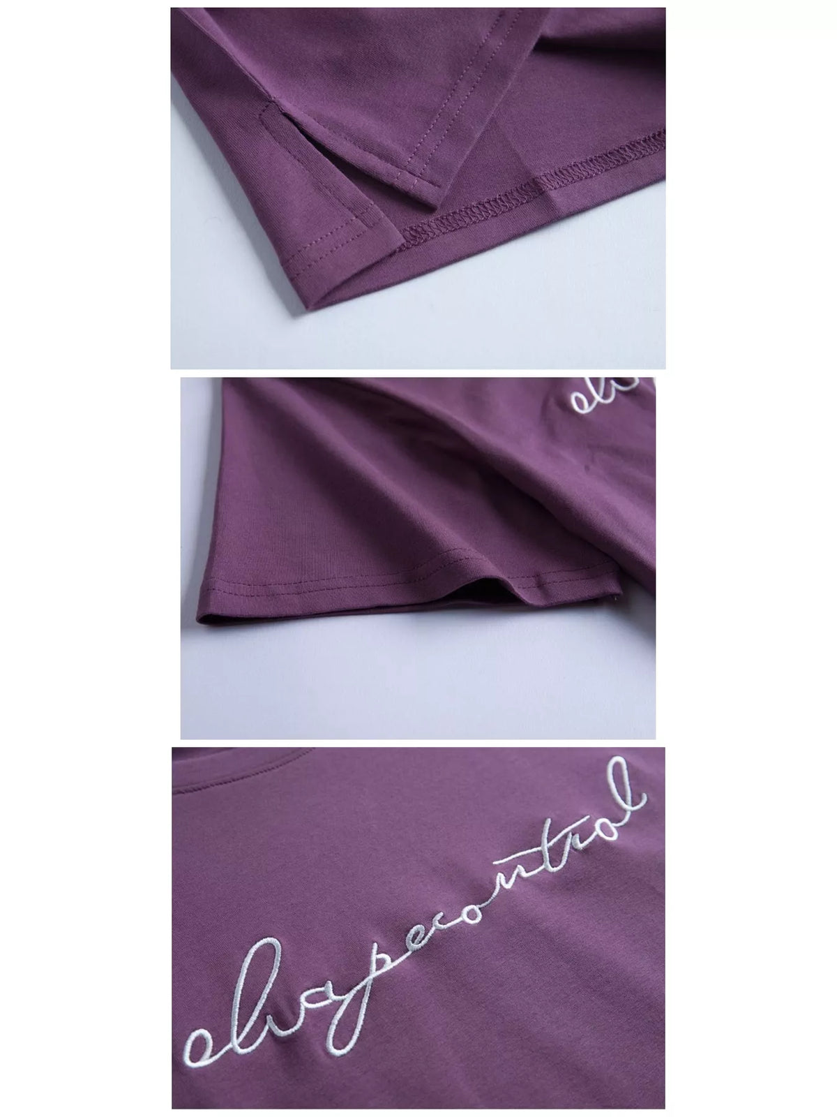 Purple letter embroidered round neck t-shirt, sleeve hem, curved hem, and script detail