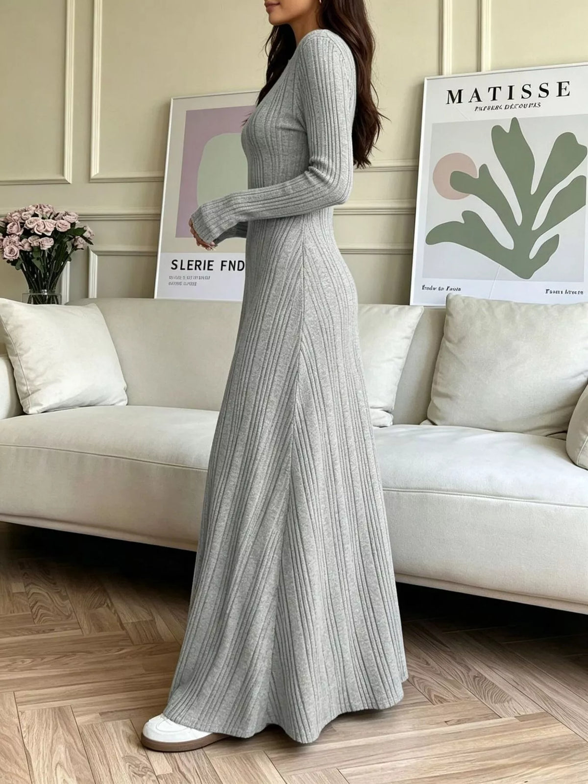 Gray ribbed long-sleeve dress, side view