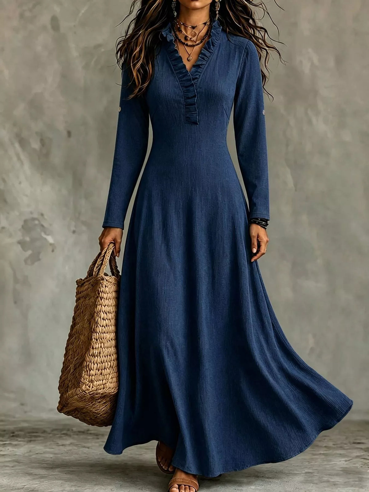 Navy V-neck maxi dress, front view
