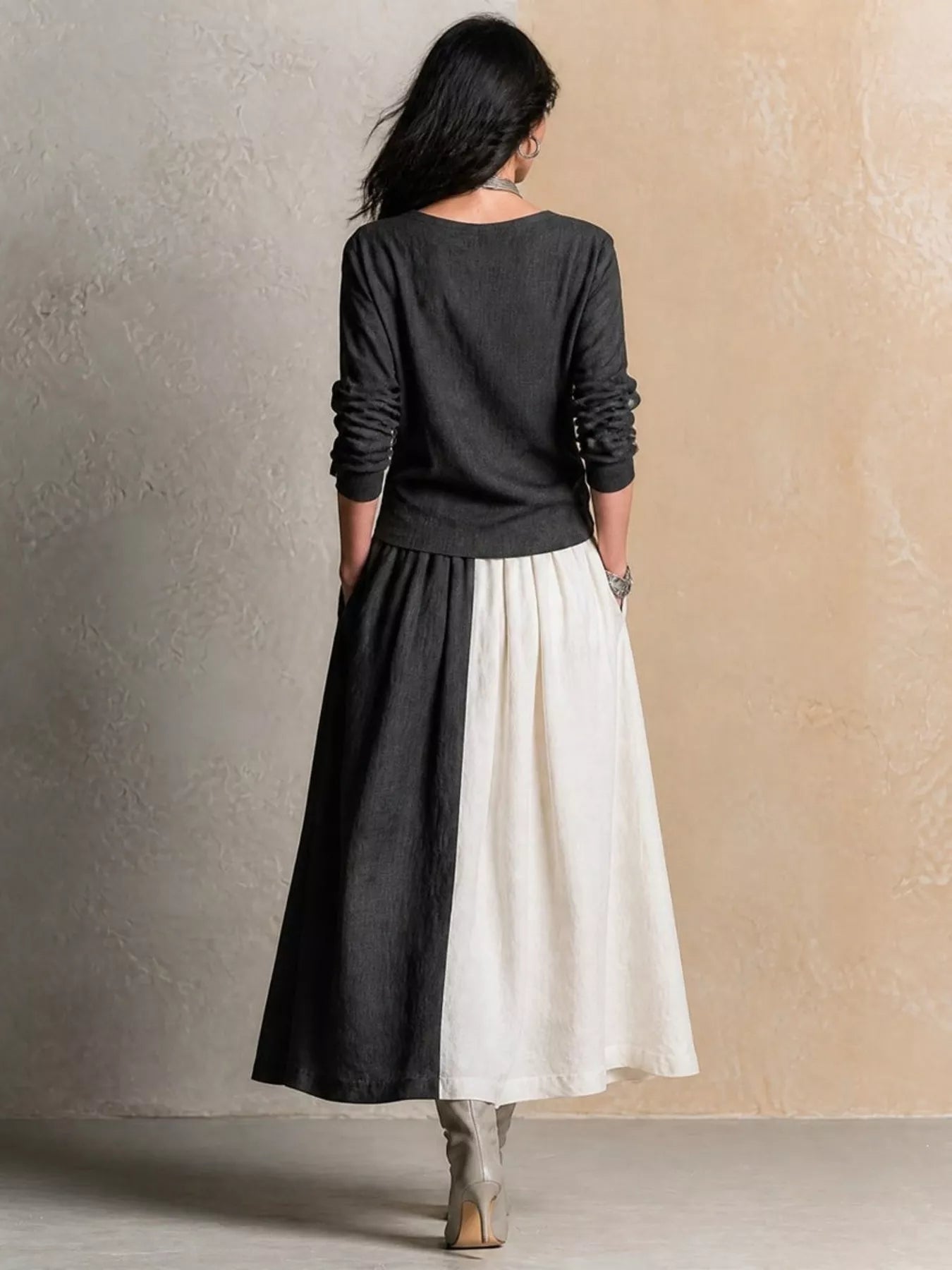 Trendsi Two-Tone Color Block V-Neck Long Sleeve Top and Maxi Skirt Set -