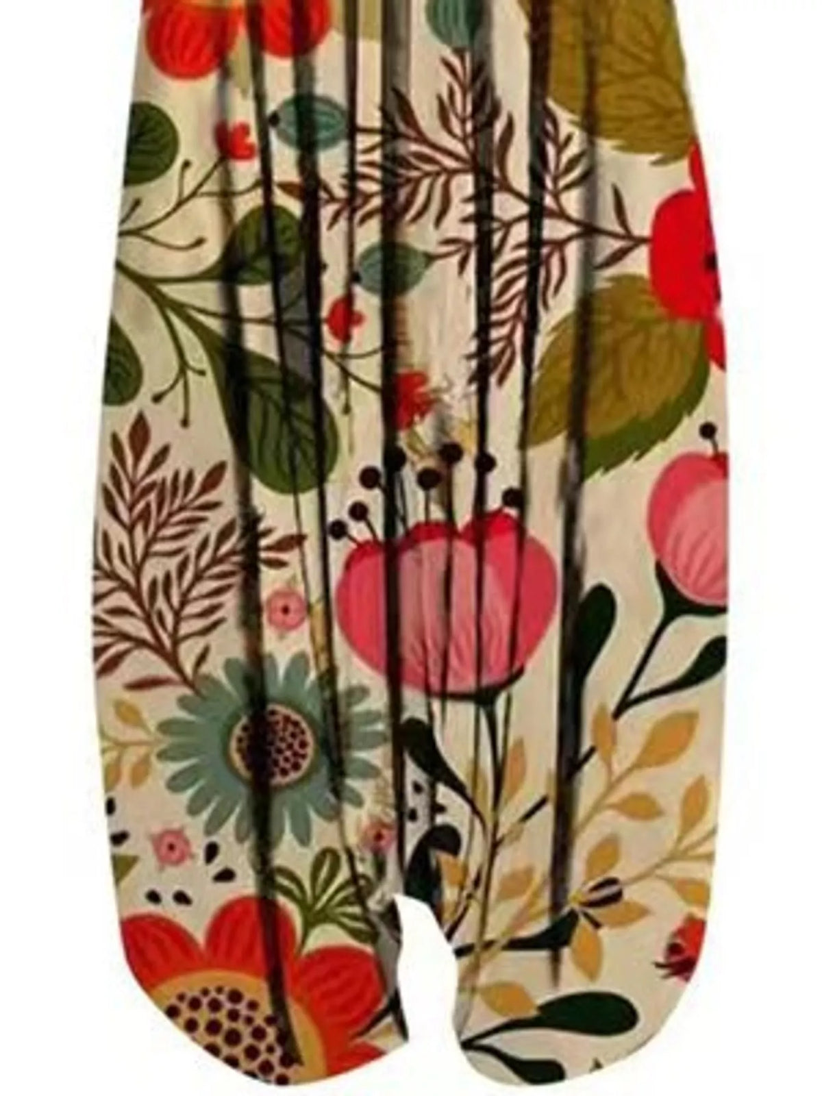 Cream multicolor floral-print V-neck sleeveless jumpsuit, leg and print detail