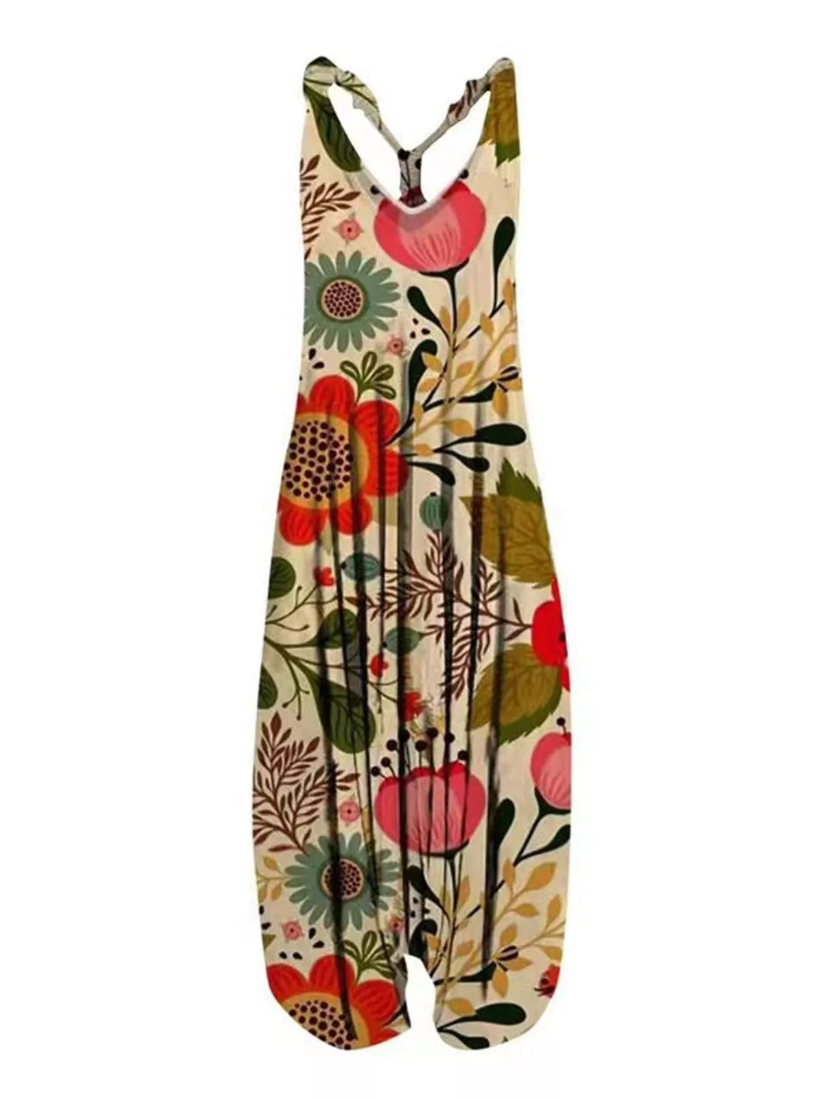 Cream multicolor floral-print V-neck sleeveless jumpsuit