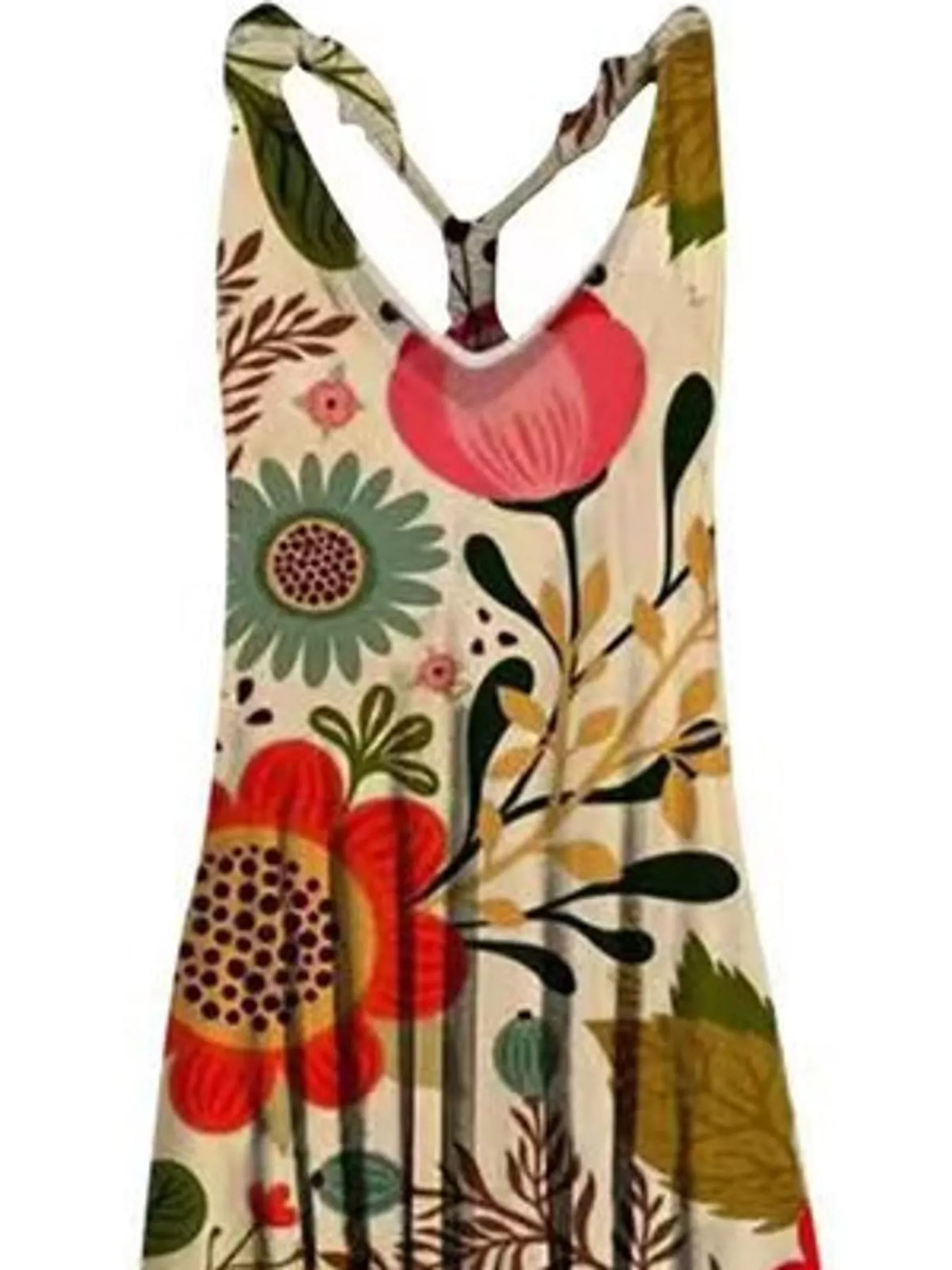 Cream multicolor floral-print V-neck sleeveless jumpsuit, neckline and strap detail