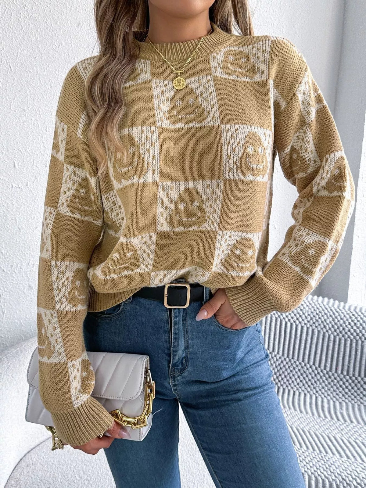 Checkerboard Halloween Graphic Sweater in mustard, front view