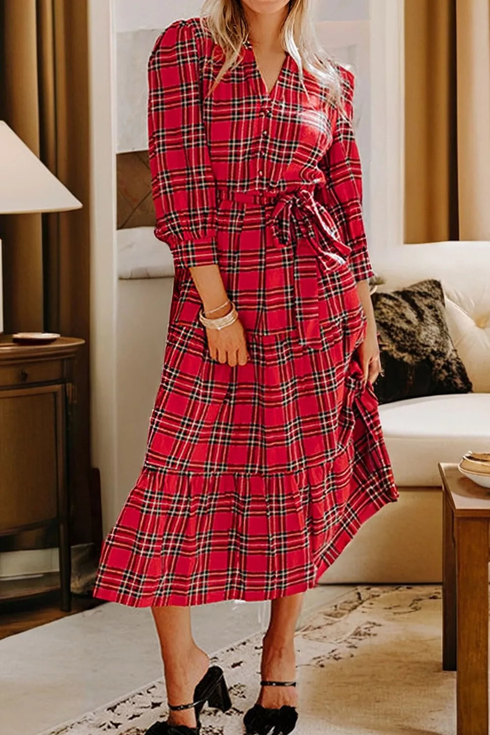 Trendsi Christmas Plaid V Neck 3/4 Sleeve Tie Waist Ruffle Hem Midi Dress -