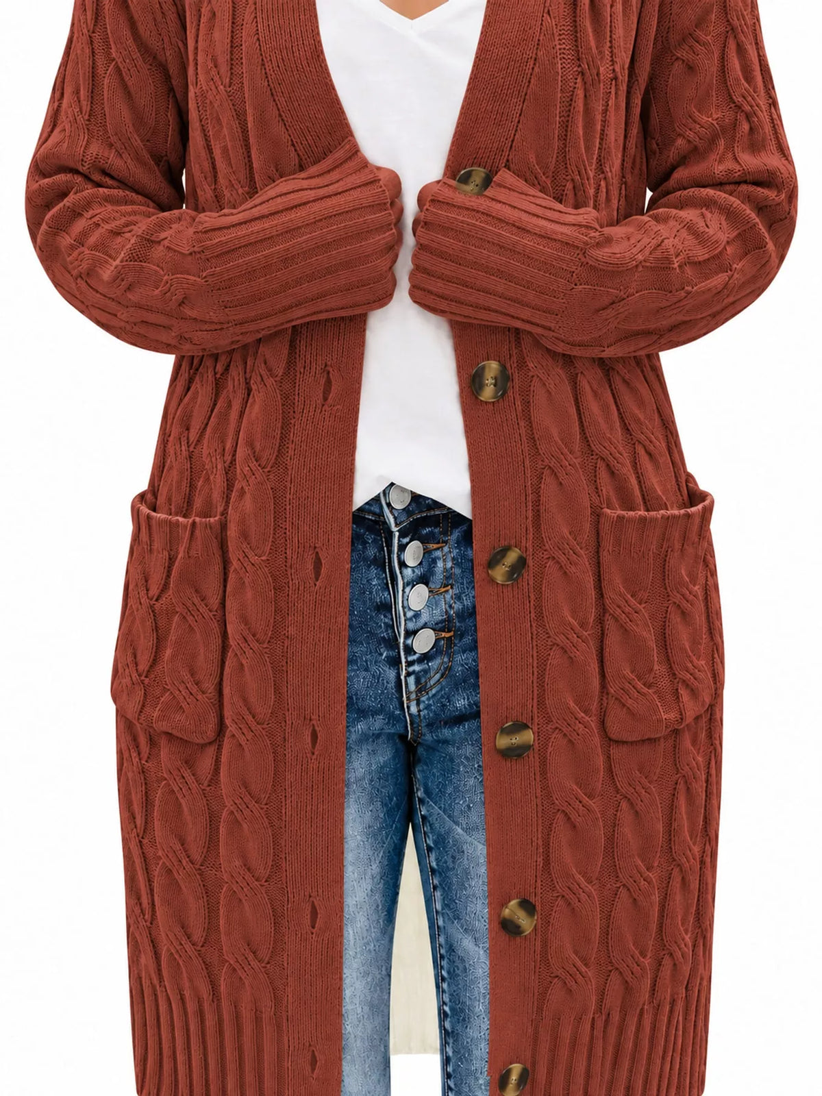 Cable Knit Button-Down Cardigan with Pockets — garment construction details