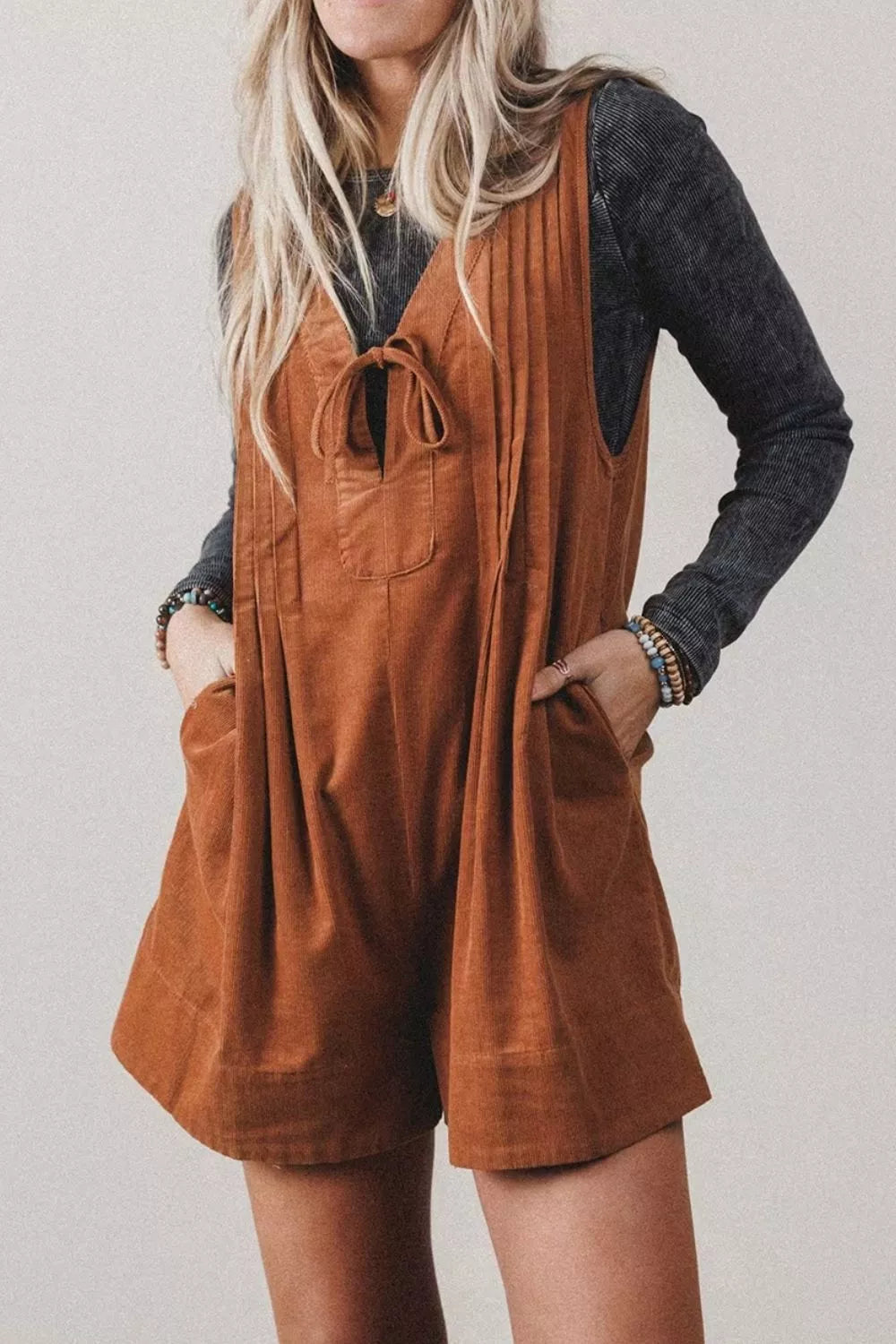 Rust brown corduroy romper, front view