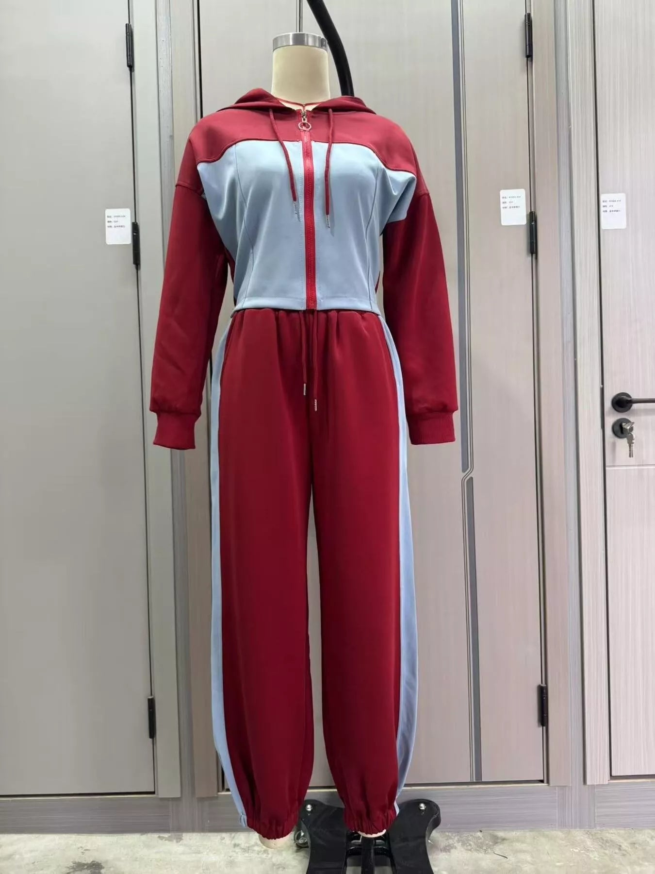 Trendsi Color-Block Zip-Up Crop Hoodie and Joggers Set -