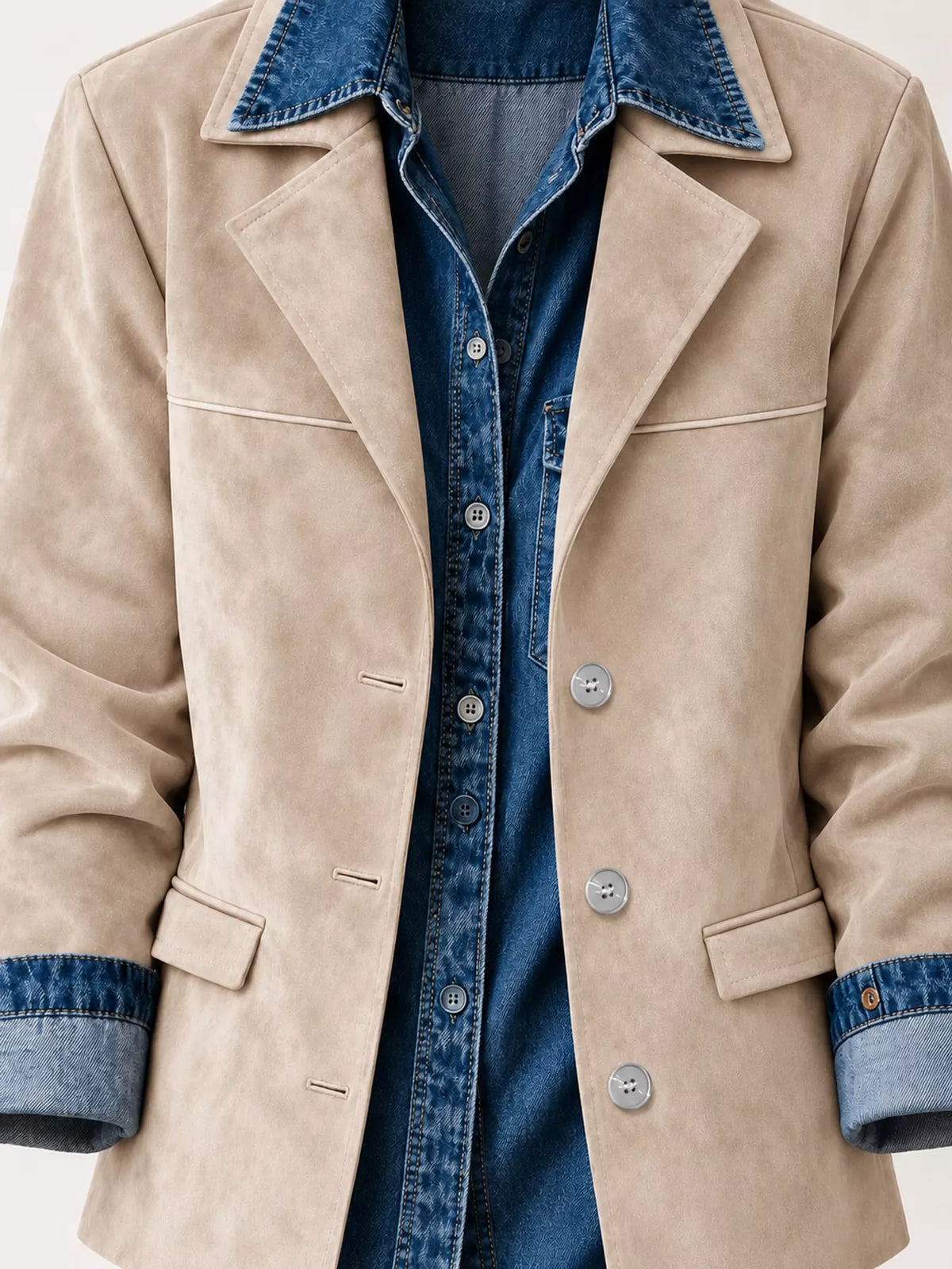 Beige lapel collar button-up blazer — design and construction details