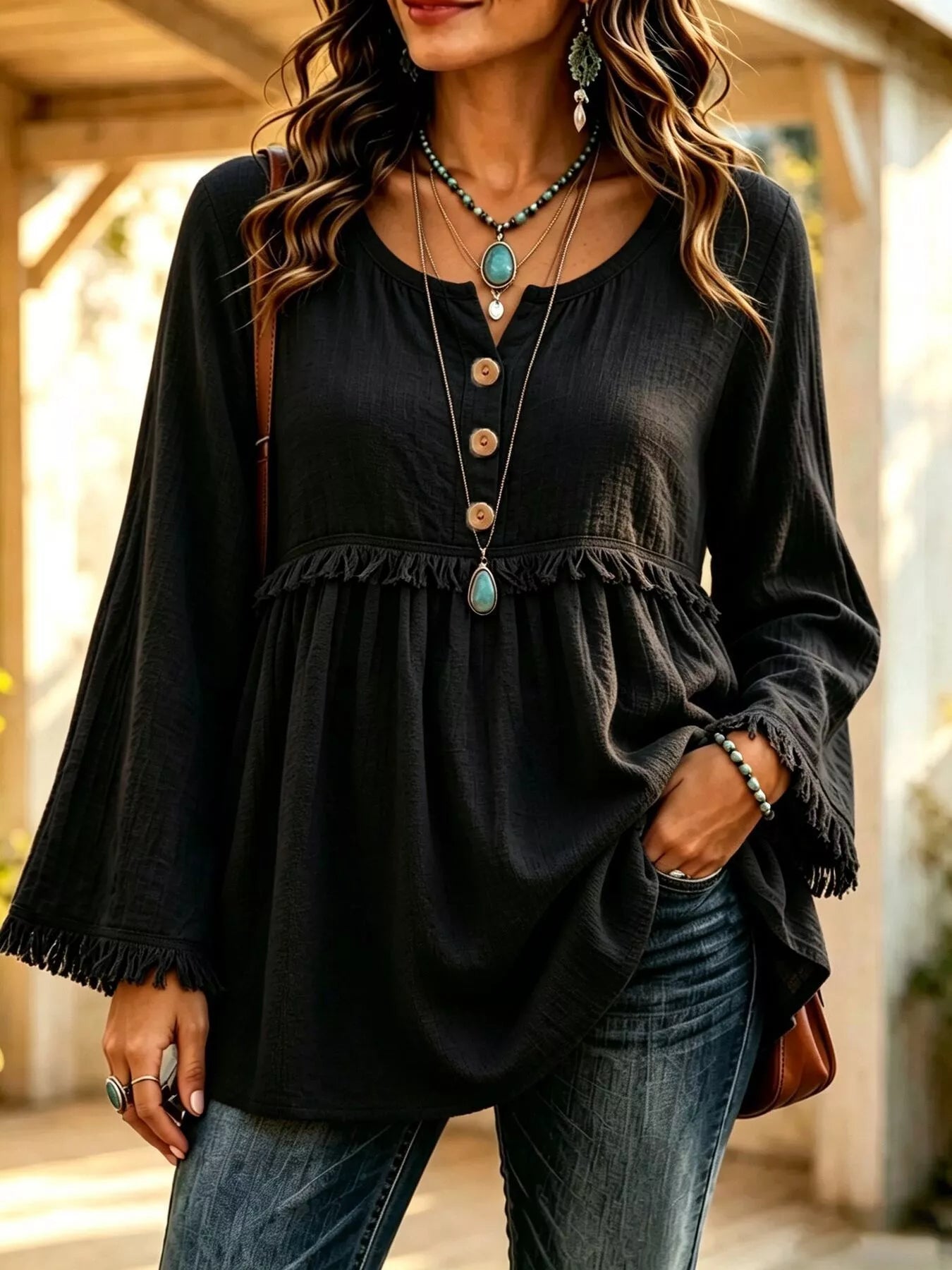 Trendsi Button-Down Detail Fringed Hem Blouse -