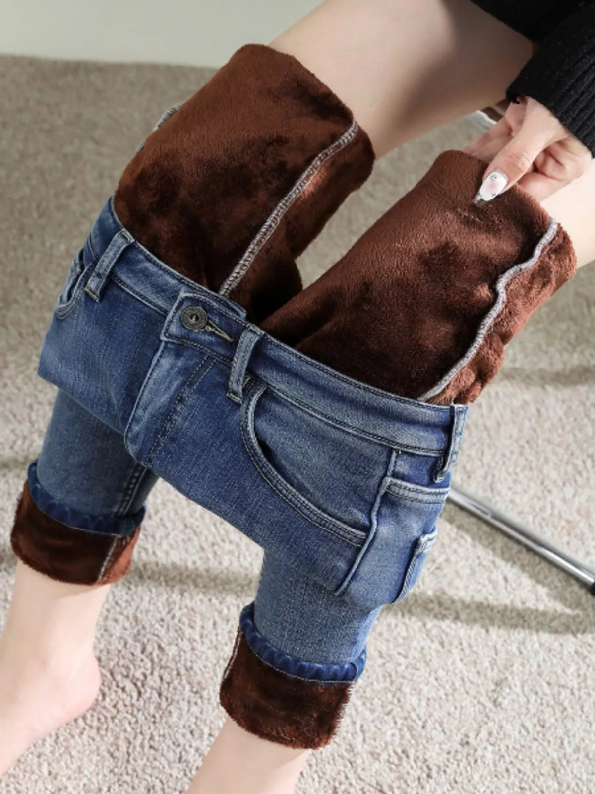 High-Waisted Slim-Fit Stretch Fleece Jeans — construction details