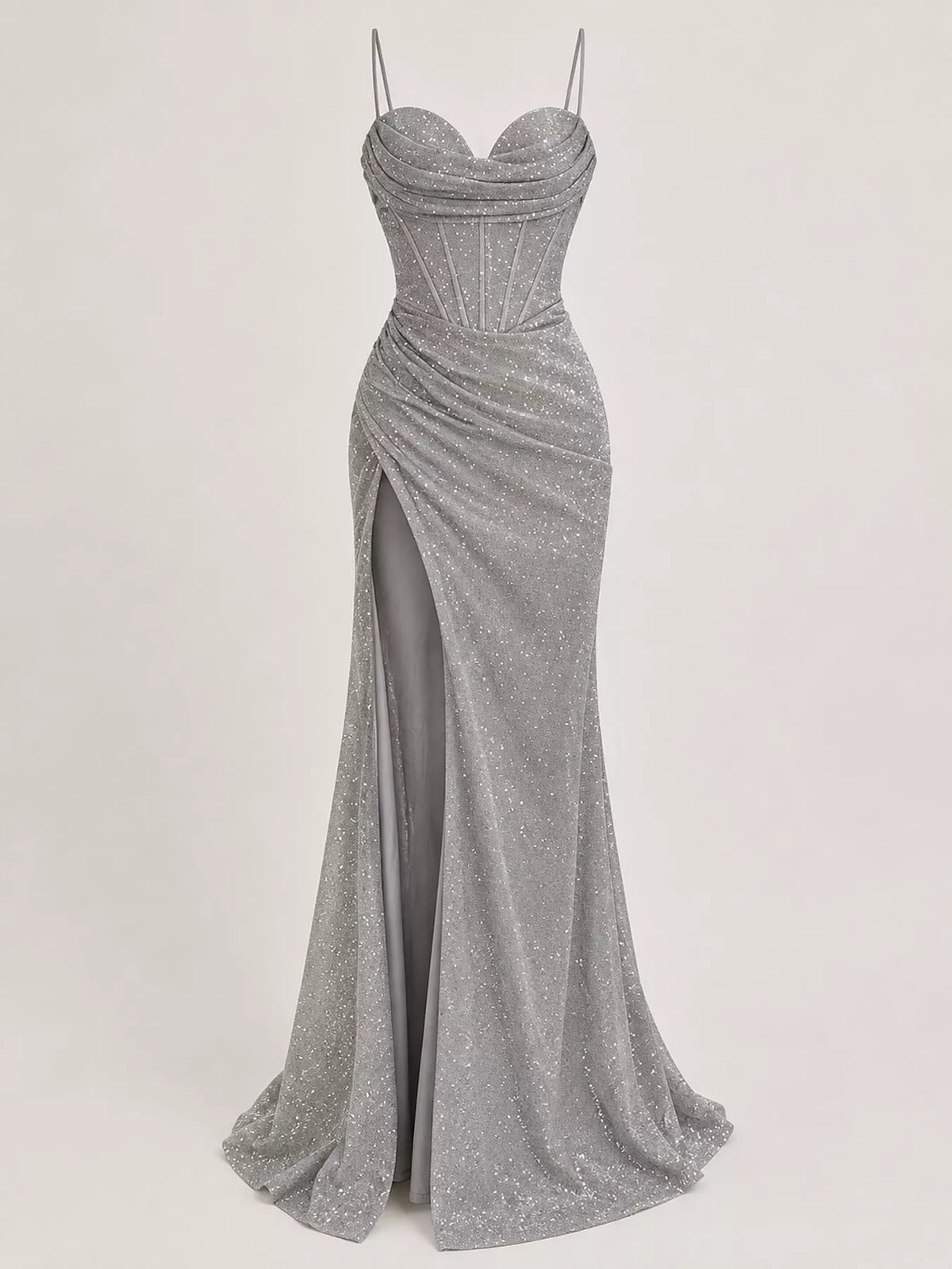 Silver high-slit glitter maxi evening dress — front view