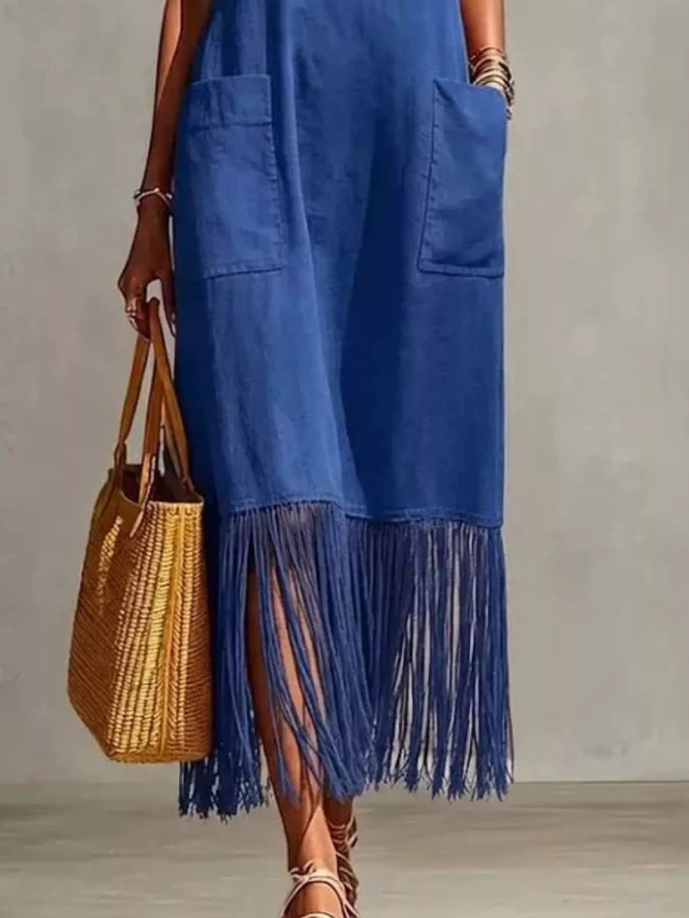 Trendsi Full Size Fringe V-Neck Spaghetti Strap Dress Plus Size -