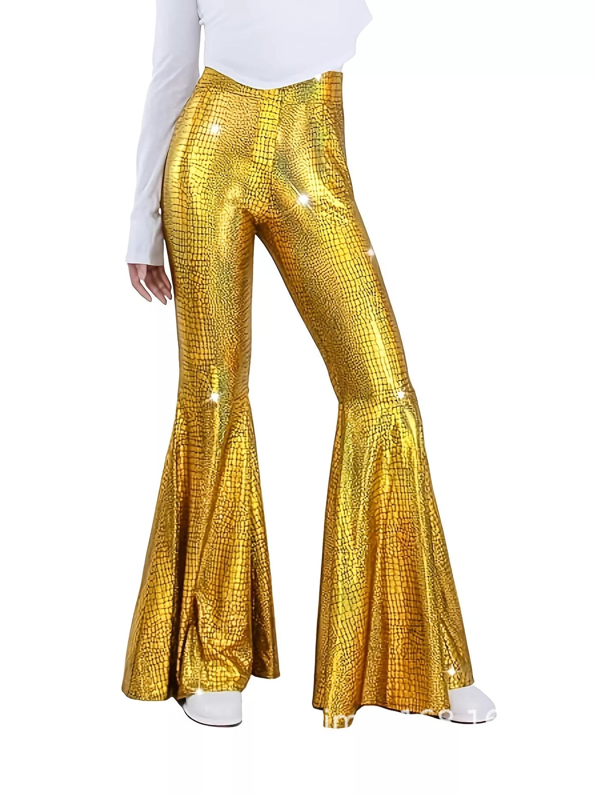 Gold high-waisted flare pants — front view