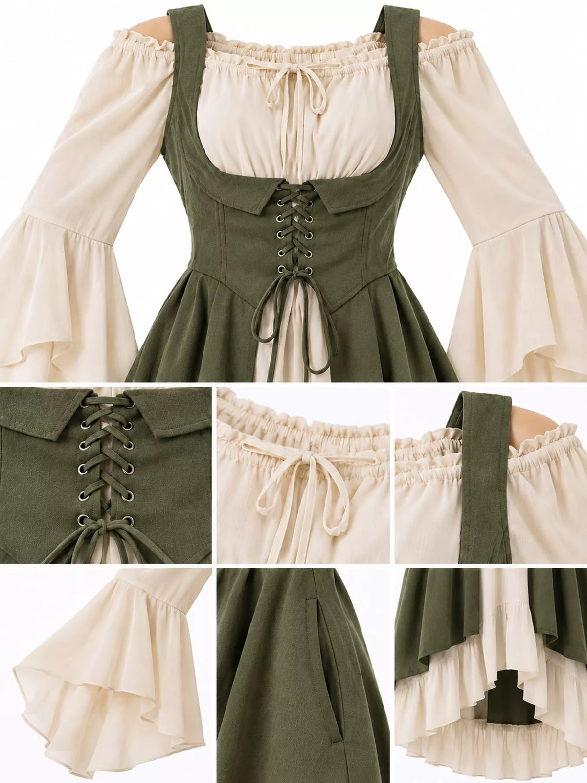 Green corset style lace-up bell sleeve dress — design and construction details
