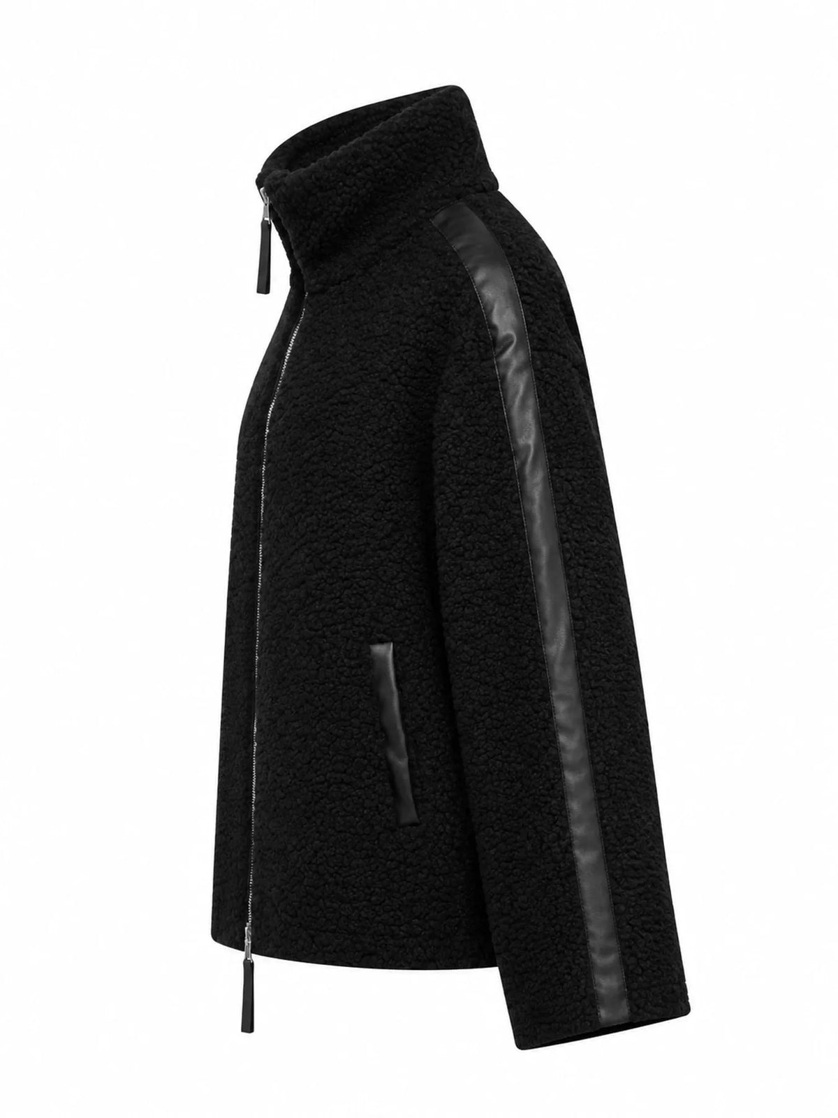 Black sherpa zip-up jacket, side view