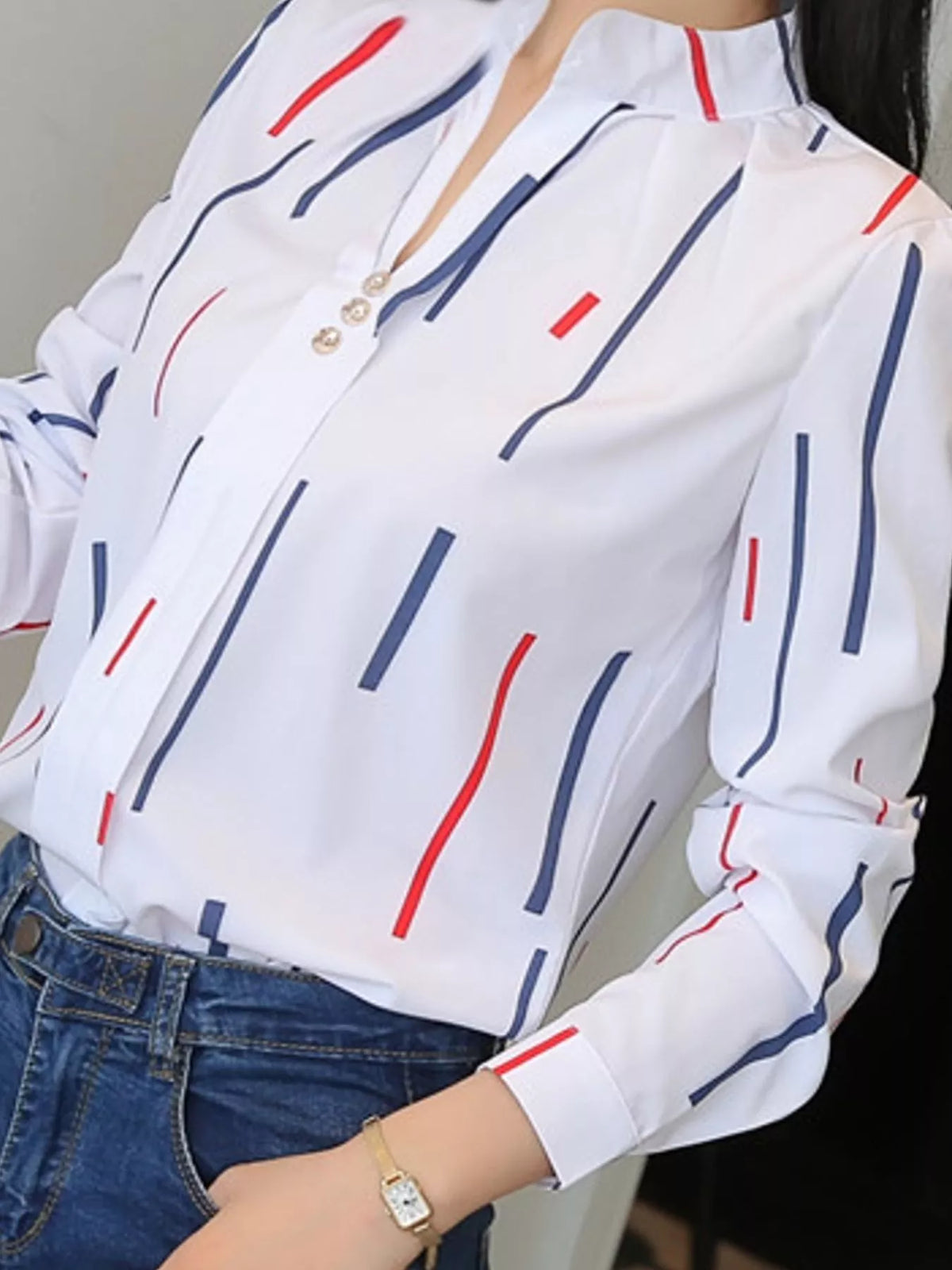 Split neck long sleeve shirt, front view on model