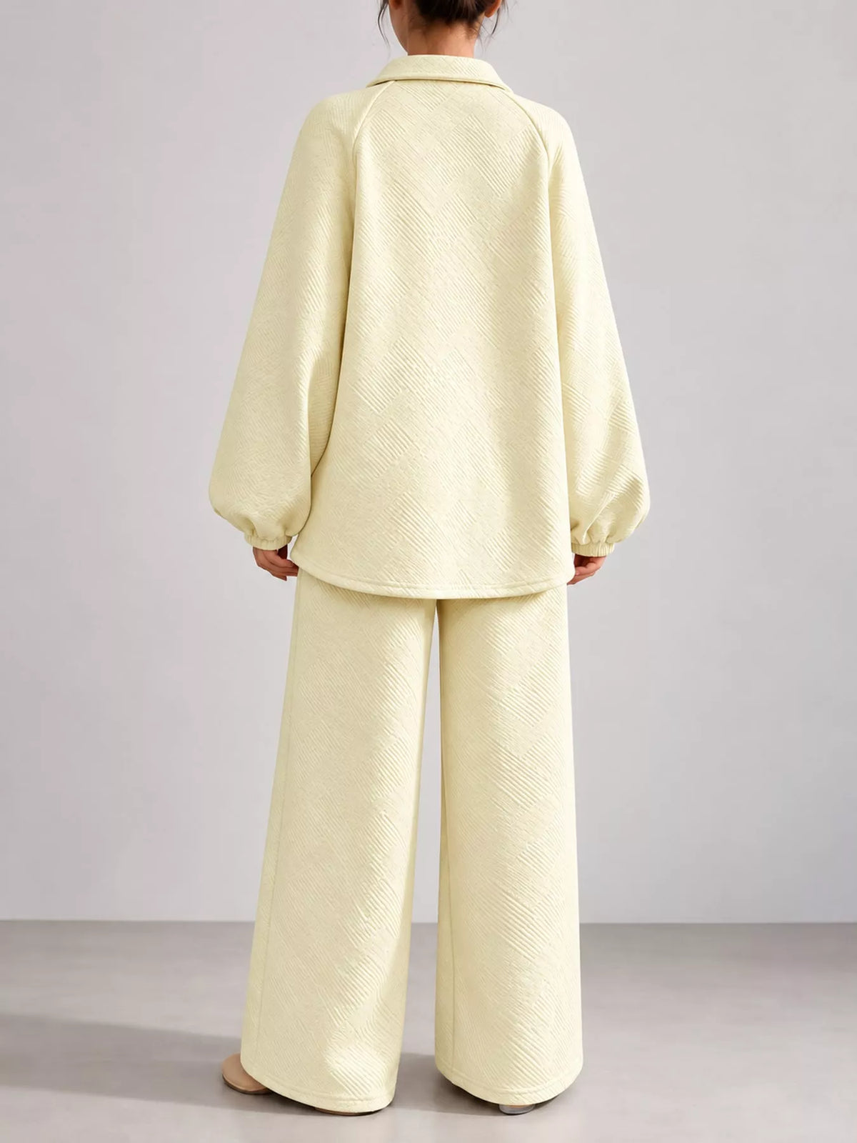 Yellow textured polo collar top and wide-leg pants set — back view