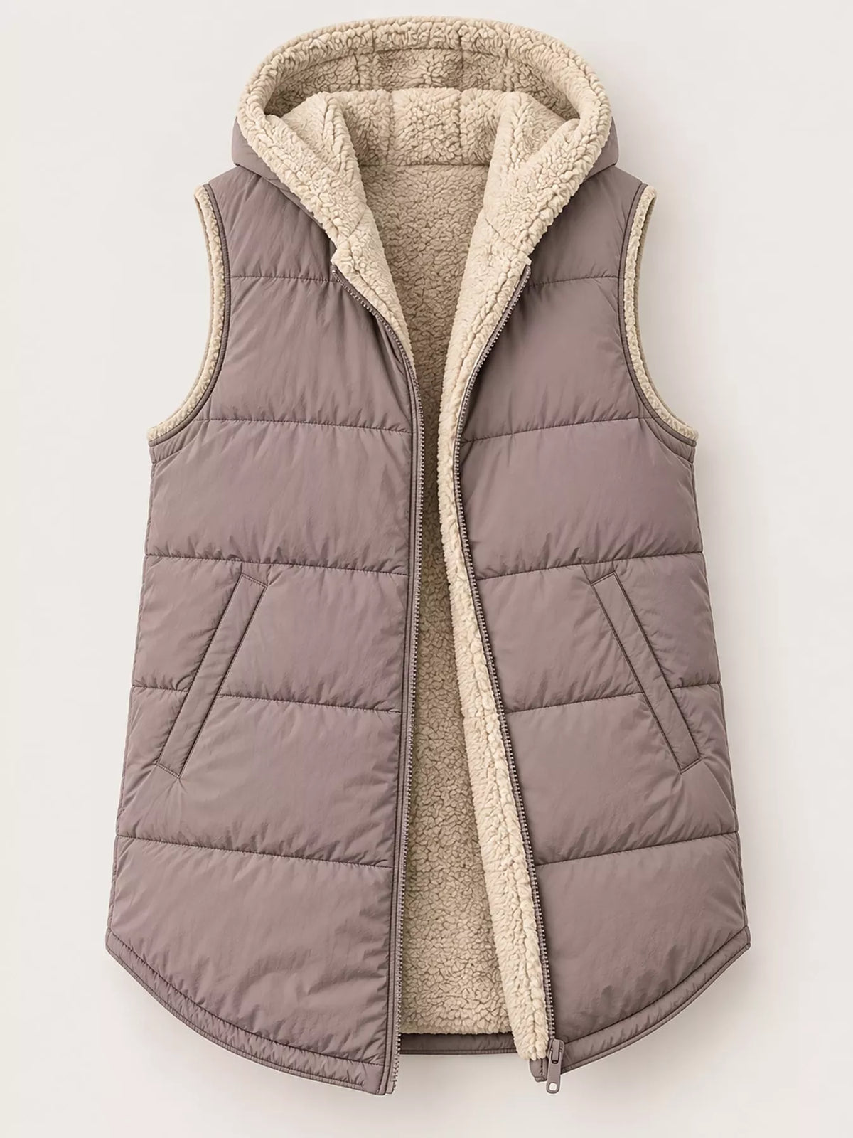 Taupe hooded sherpa-lined puffer vest, product view