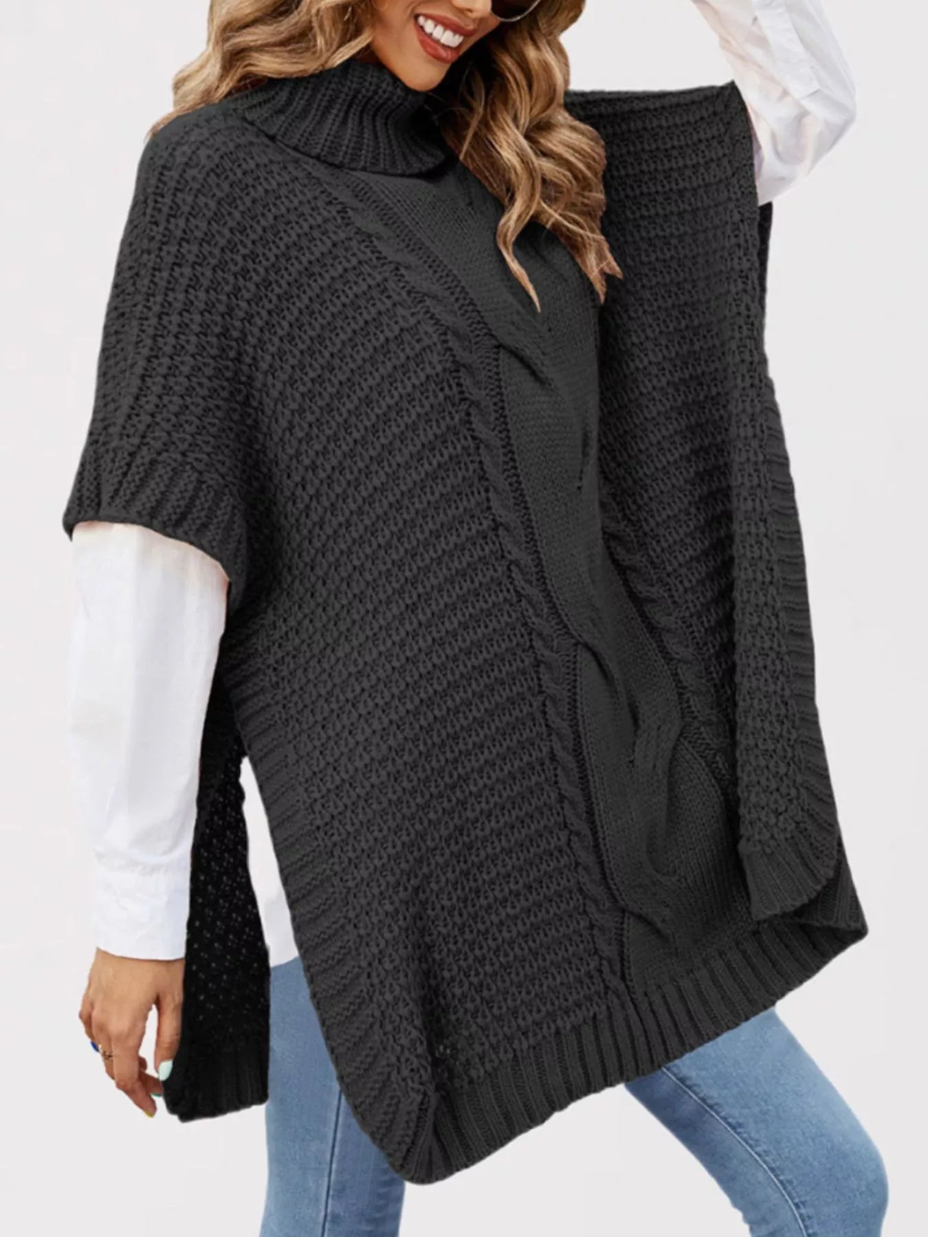 Trendsi Turtleneck Cable-Knit Short Sleeve Oversized Sweater -