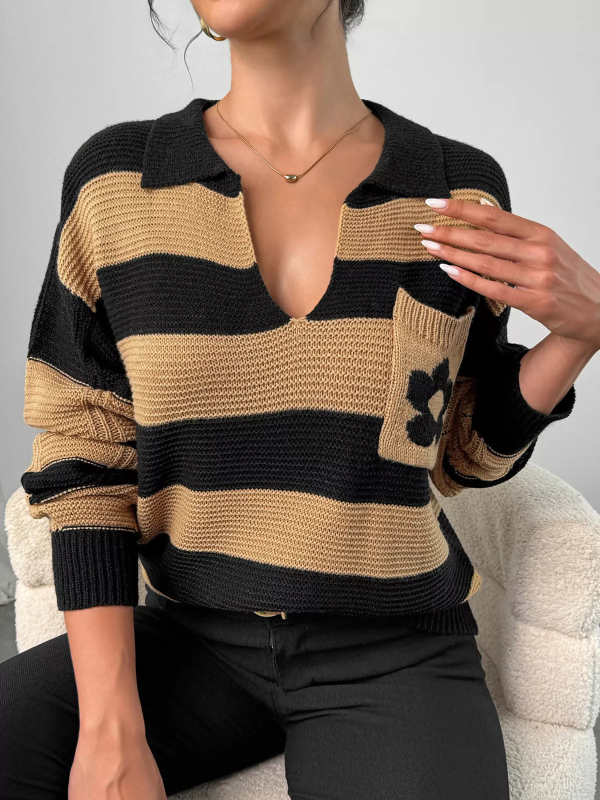 Khaki striped polo collar sweater with floral pocket detail
