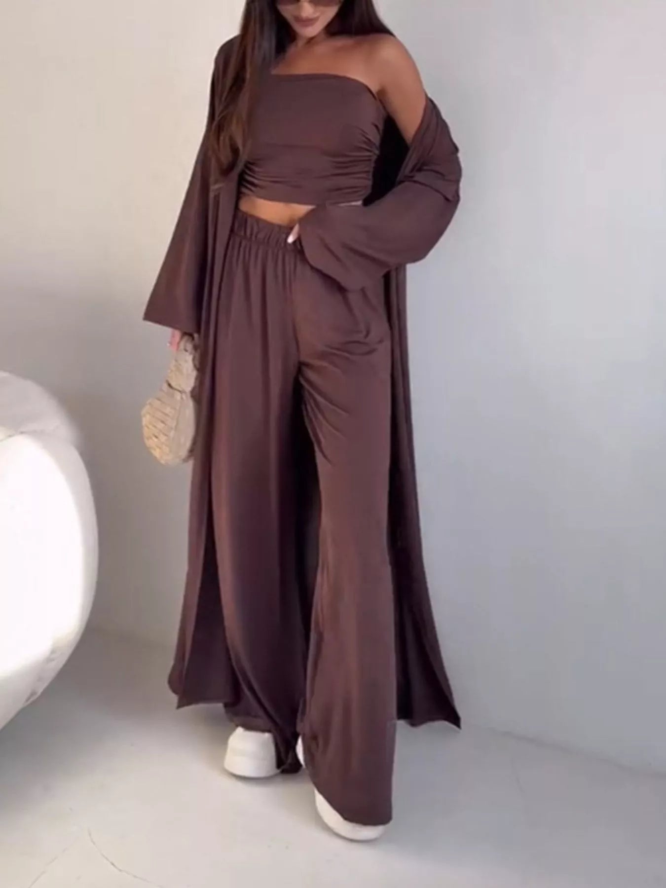 Trendsi Chic Strapless Ruched Crop Top and Wide-Leg Pants with Cardigan 3-Piece Set -