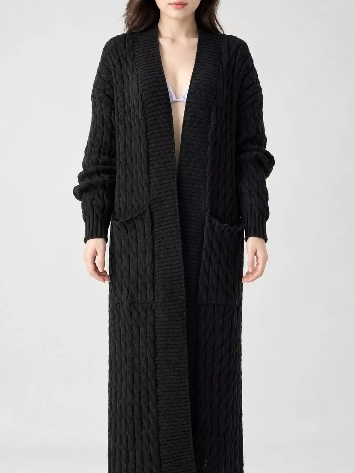 Black cable-knit longline open-front cardigan