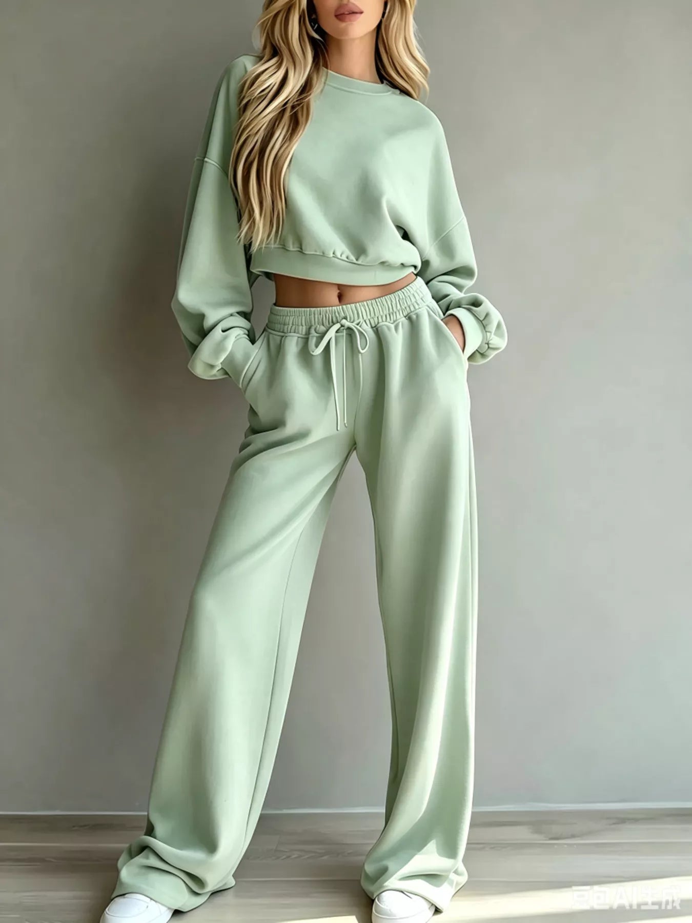 Trendsi Round Neck Cropped Sweatshirt and Wide-Leg Pants -