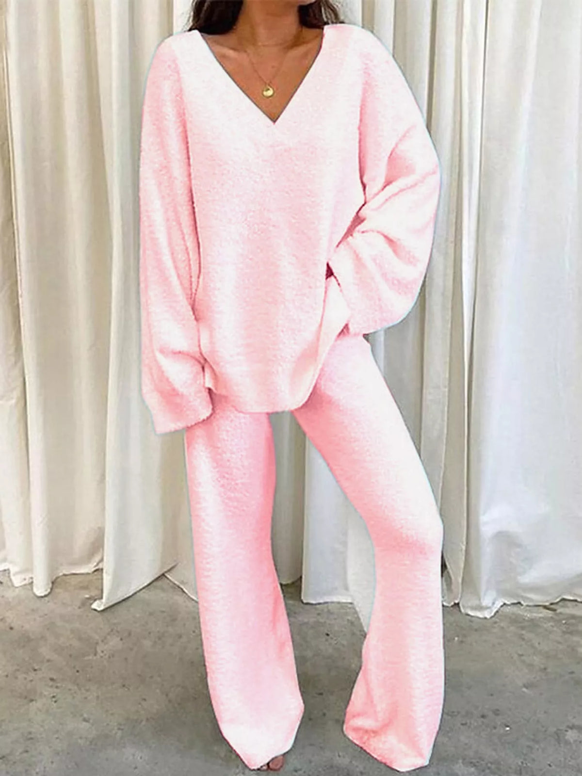 V-Neck Top and Wide Leg Pants Lounge Set in pink