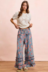 Trendsi BiBi Washed Floral Denim With Ruffle Elastic Wide Pants - Pants
