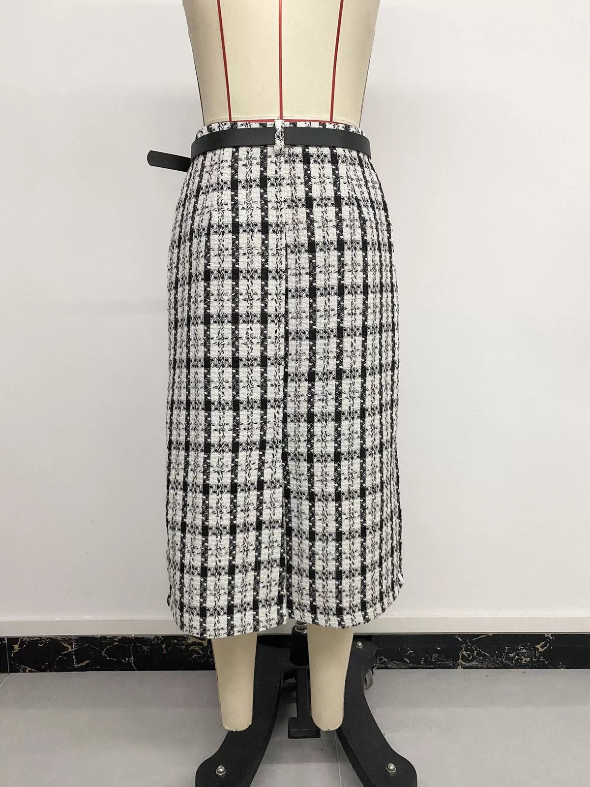 Black and white plaid midi skirt, back on mannequin